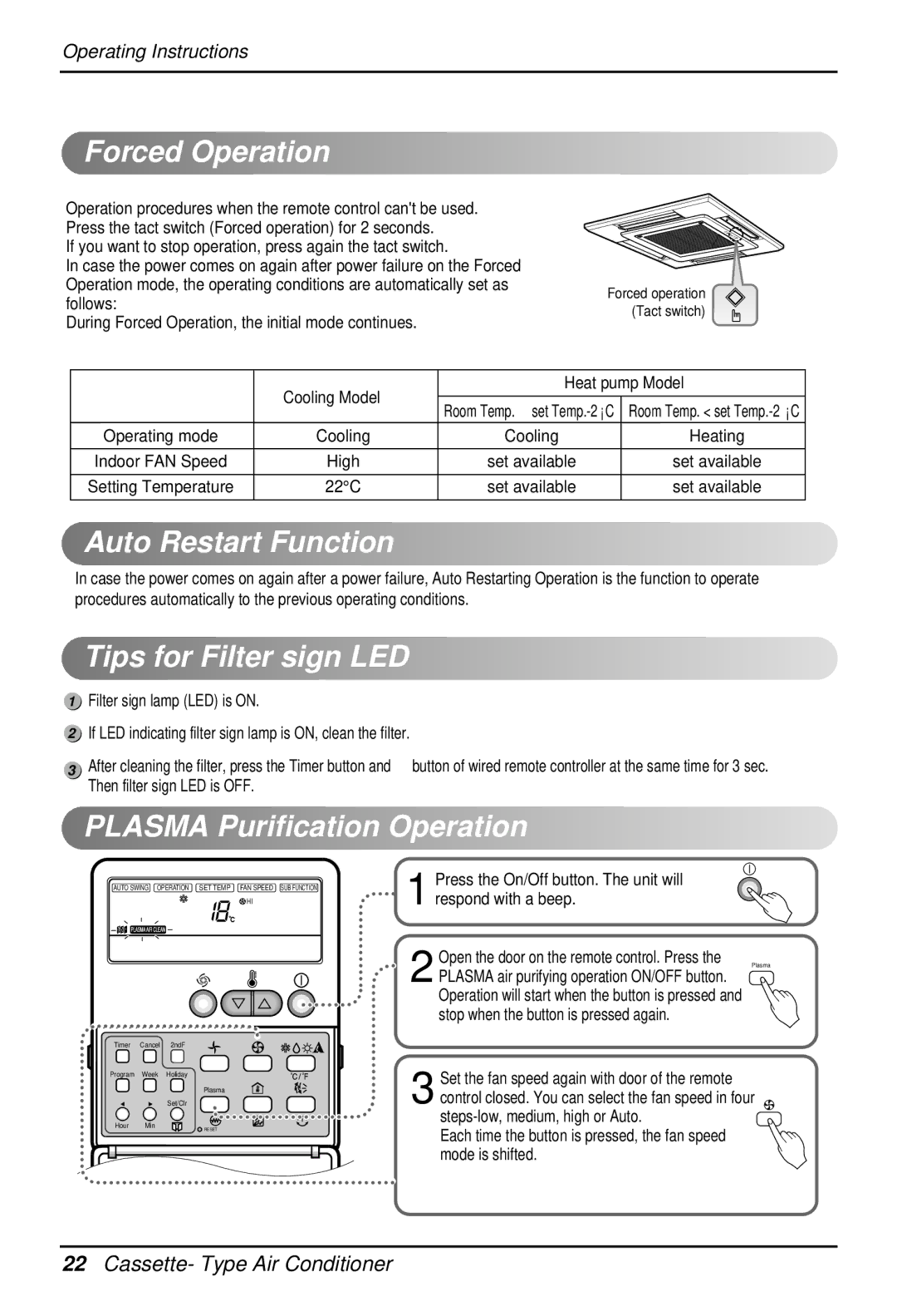 LG Electronics 3828A22005P owner manual Forced Operation, Auto Restart Function, Tips for Filter sign LED 