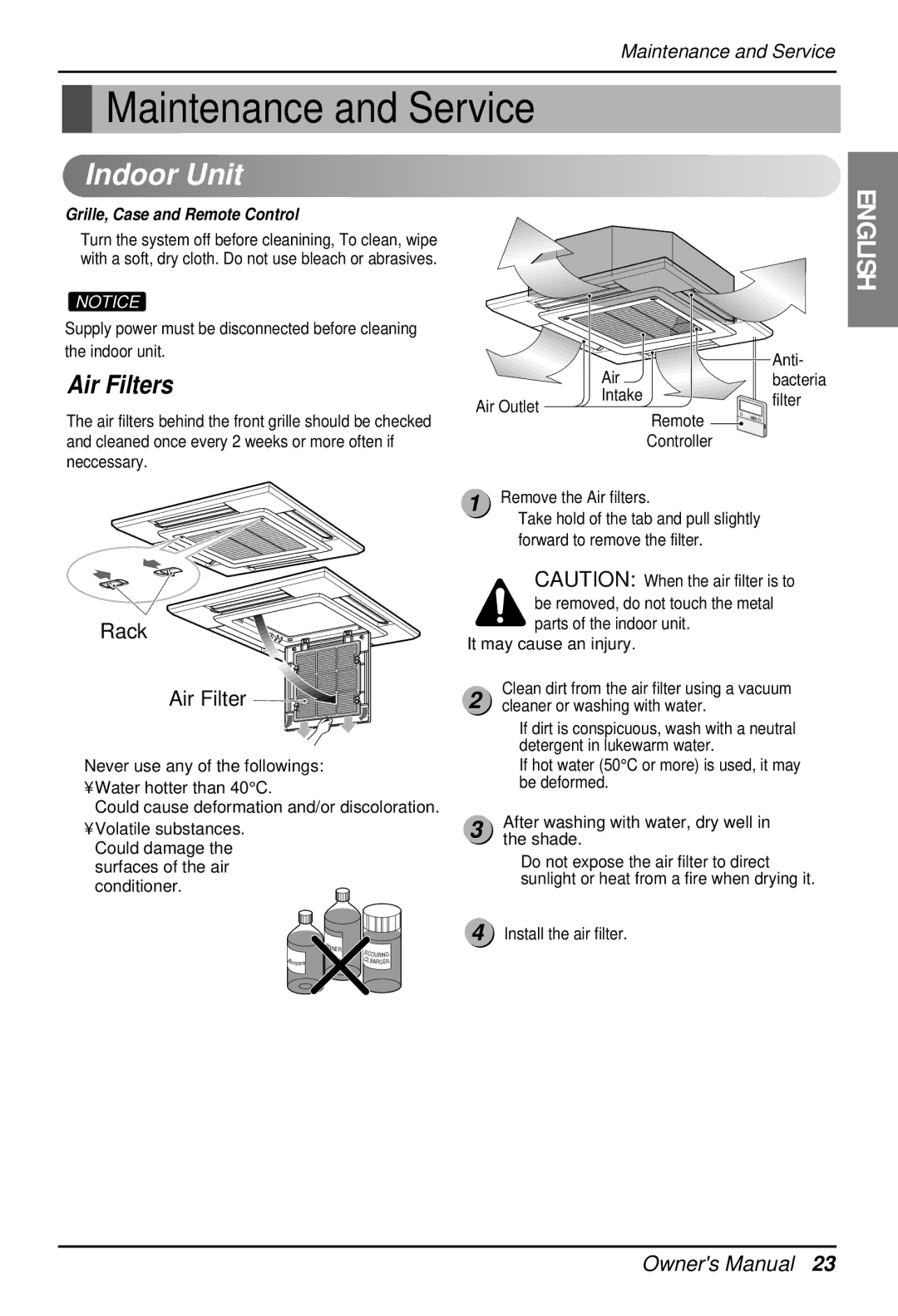 LG Electronics 3828A22005P owner manual Remove the Air filters, Cleaner or washing with water, Install the air filter 