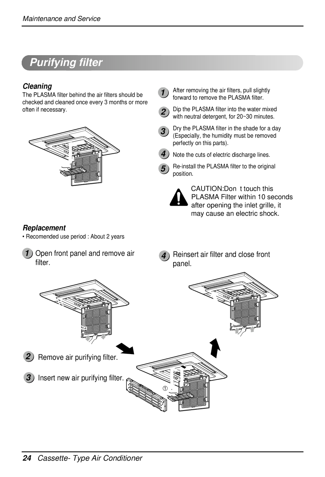 LG Electronics 3828A22005P owner manual Purifying filter, Recomended use period About 2 years 