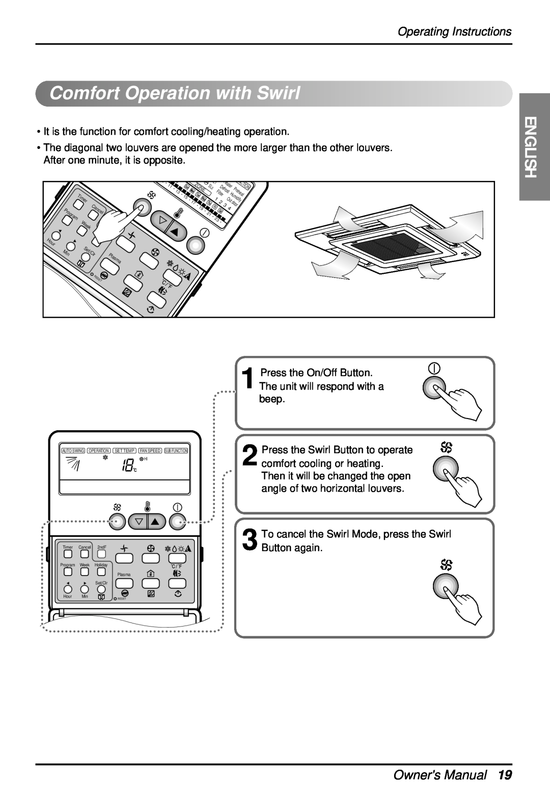 LG Electronics 3828A22005P owner manual Comfort OperationwithSwirl, English, Owners Manual, Operating Instructions 
