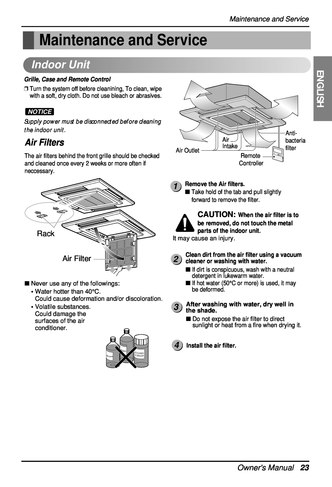 LG Electronics 3828A22005P owner manual Maintenance and Service, Air Filters, Rack Air Filter, IndoorUnit, Owners Manual 