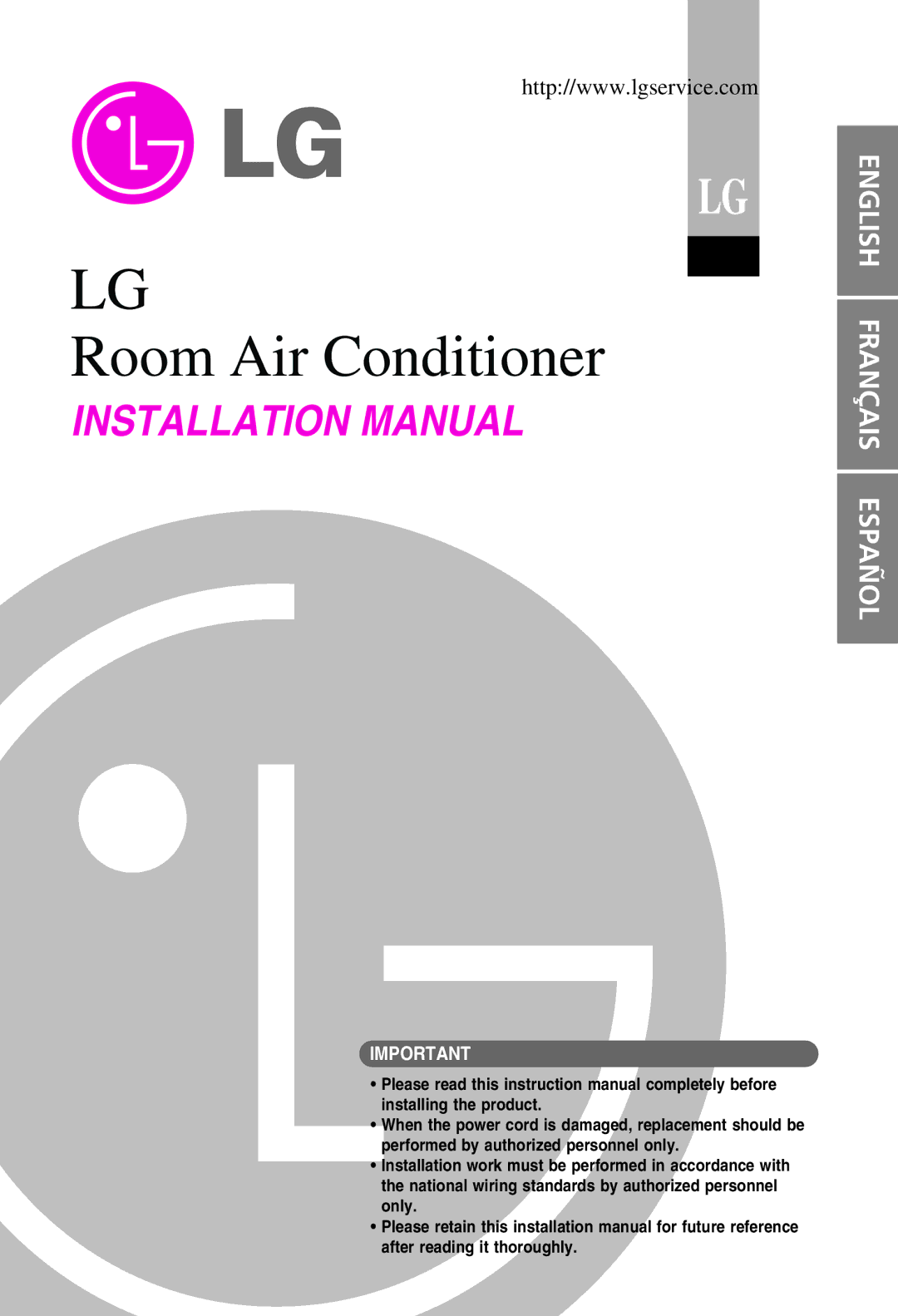 LG Electronics 3828A30087S installation manual Room Air Conditioner 