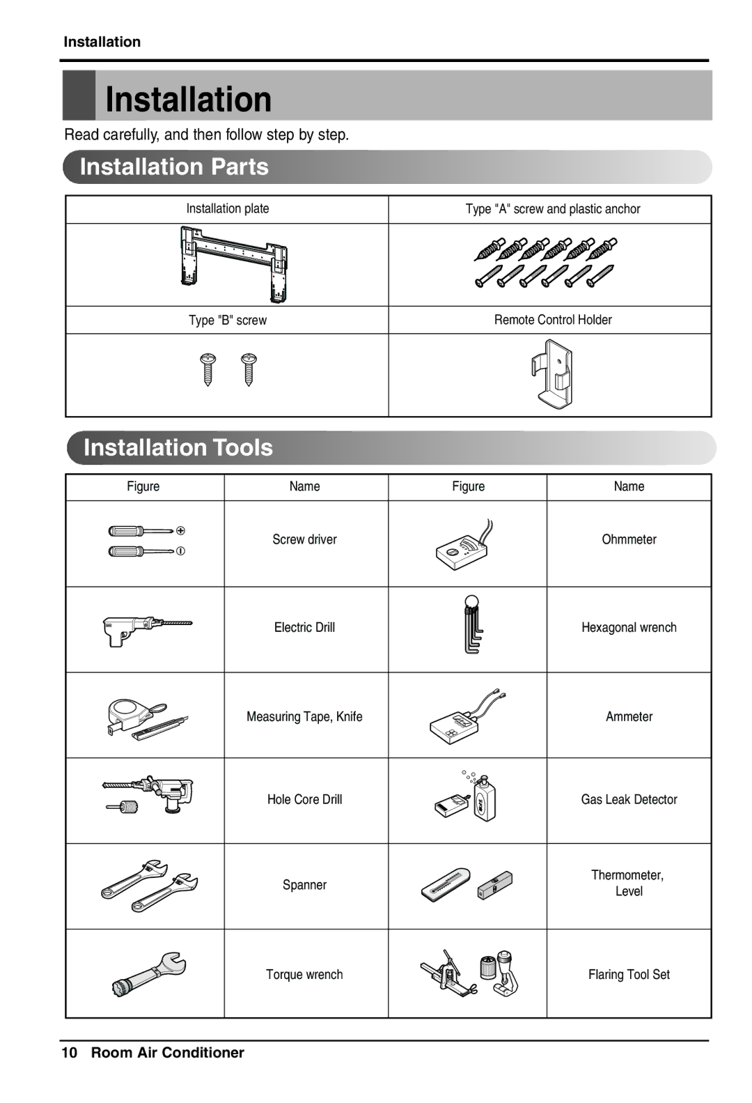 LG Electronics 3828A30087S Installation Parts, Installation Tools, Read carefully, and then follow step by step 