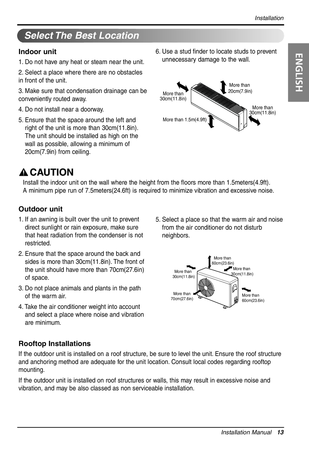 LG Electronics 3828A30087S installation manual Select The Best Location, Restricted, Space, Warm air, Are minimum 