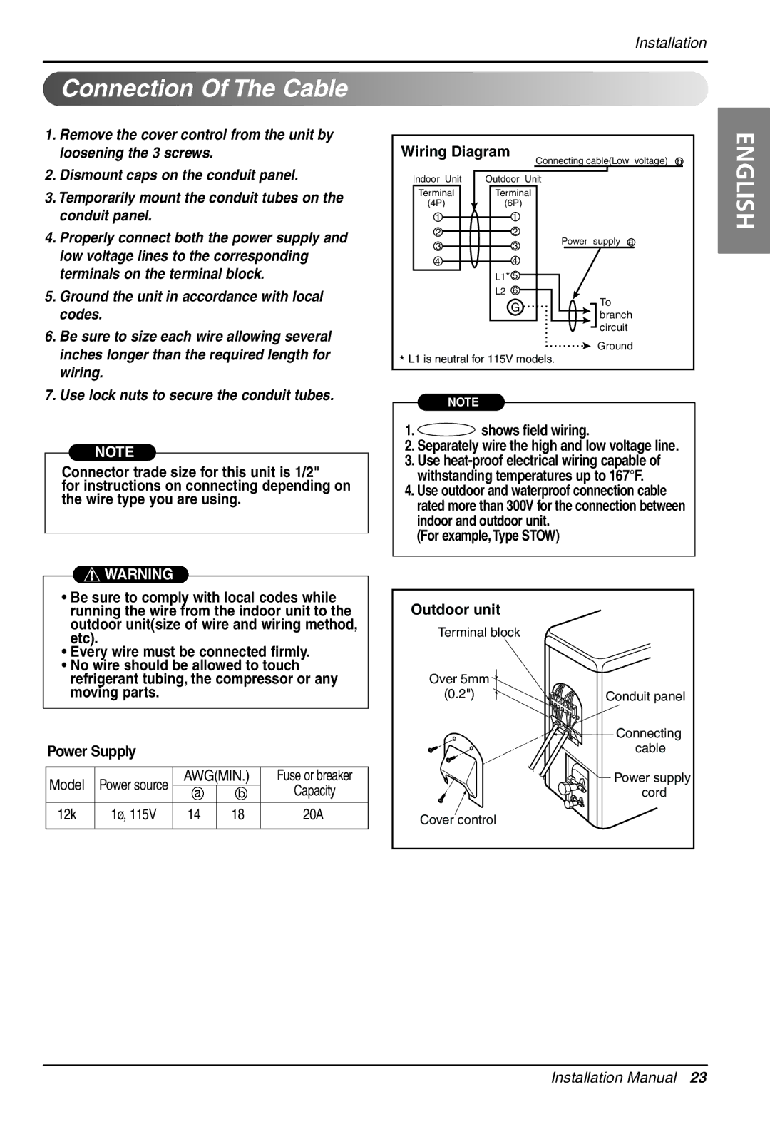 LG Electronics 3828A30087S installation manual Connector trade size for this unit is 1/2, Outdoor unit 