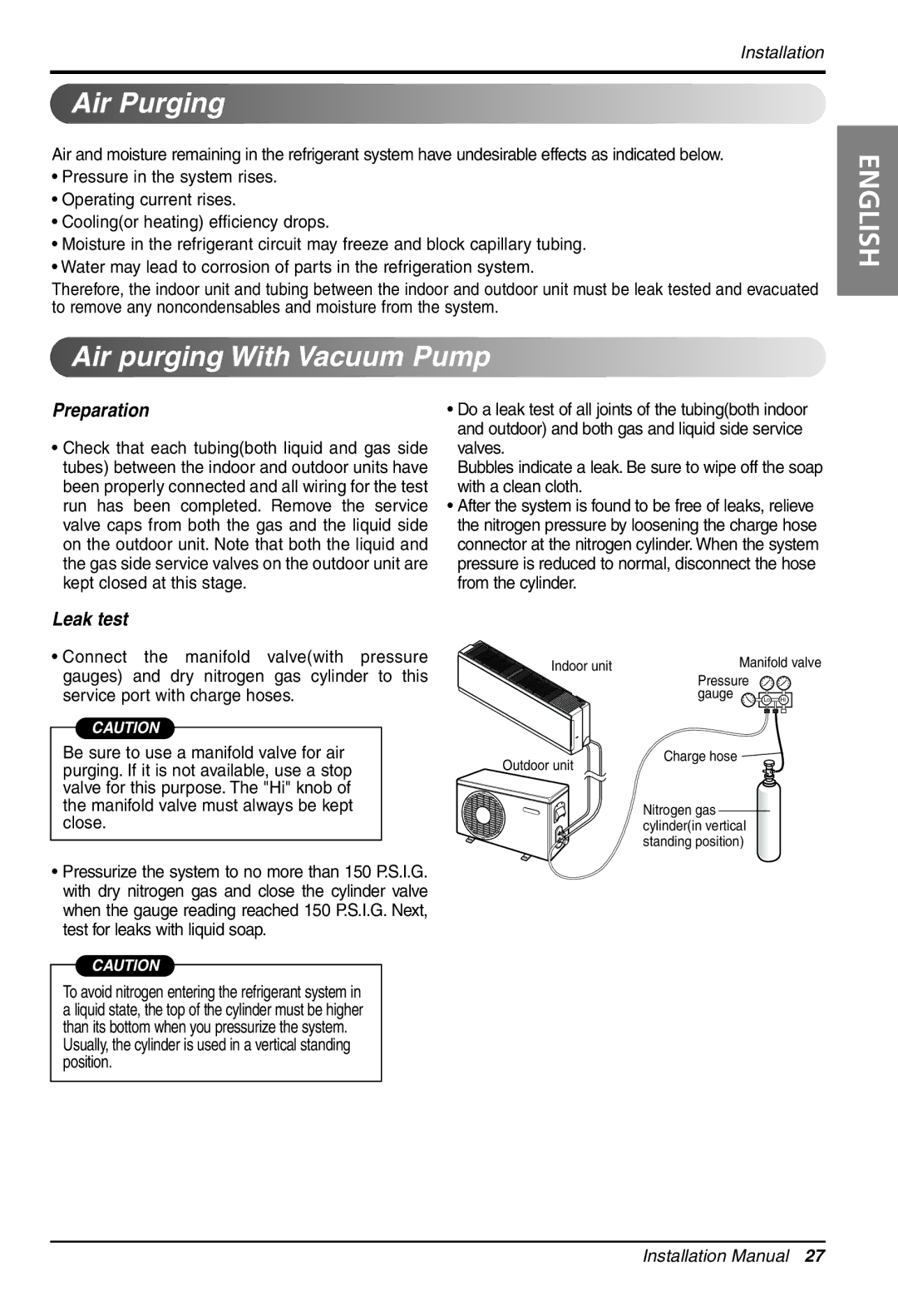 LG Electronics 3828A30087S installation manual Air Purging, Air purging With Vacuum Pump 