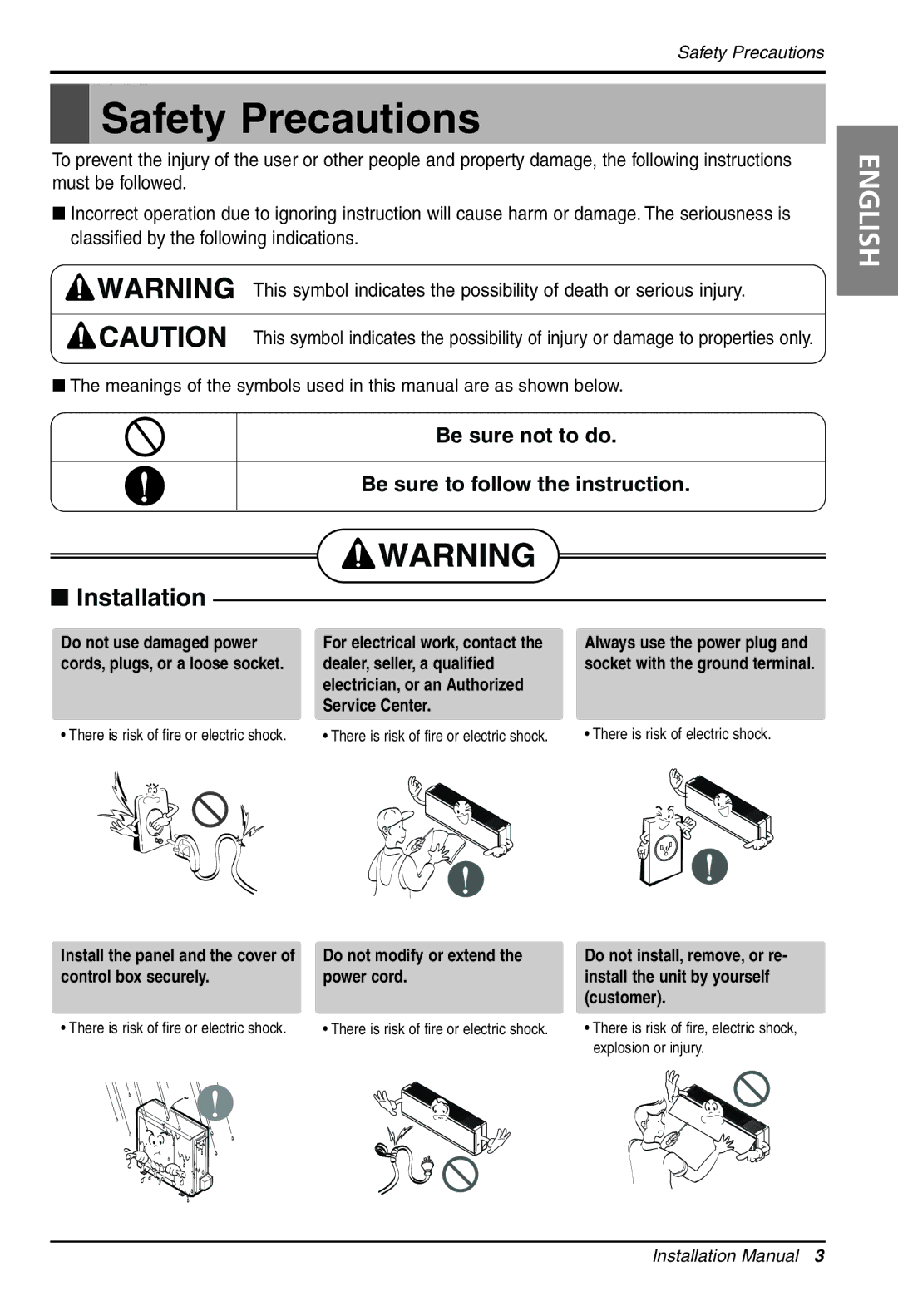 LG Electronics 3828A30087S installation manual Safety Precautions, Do not modify or extend the power cord 