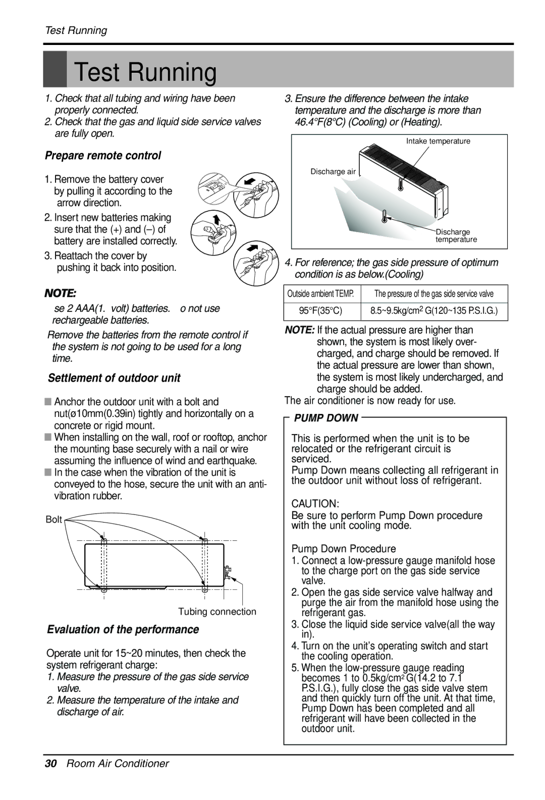 LG Electronics 3828A30087S installation manual Test Running, Pump Down Procedure 