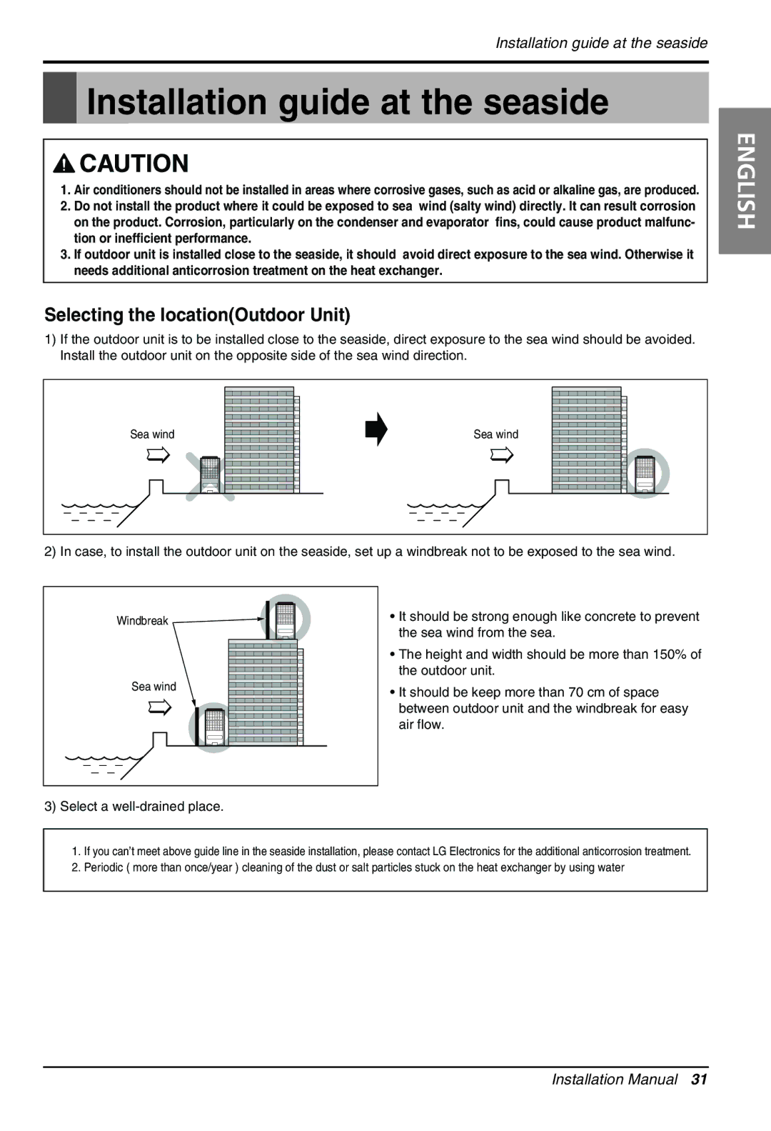 LG Electronics 3828A30087S installation manual Installation guide at the seaside, Selecting the locationOutdoor Unit 