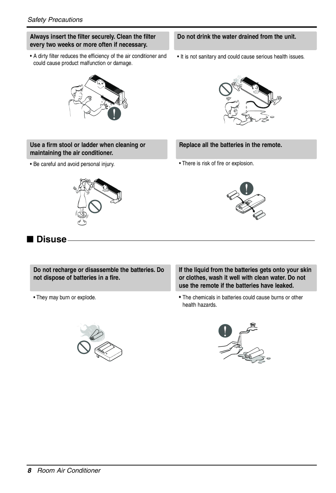 LG Electronics 3828A30087S Do not drink the water drained from the unit, Replace all the batteries in the remote 