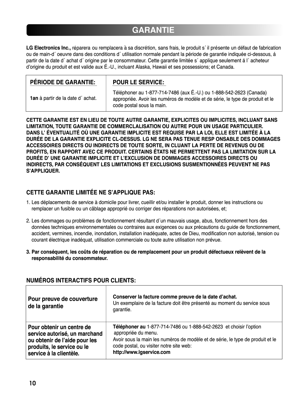 LG Electronics 3828ER3020V installation instructions Garantie 