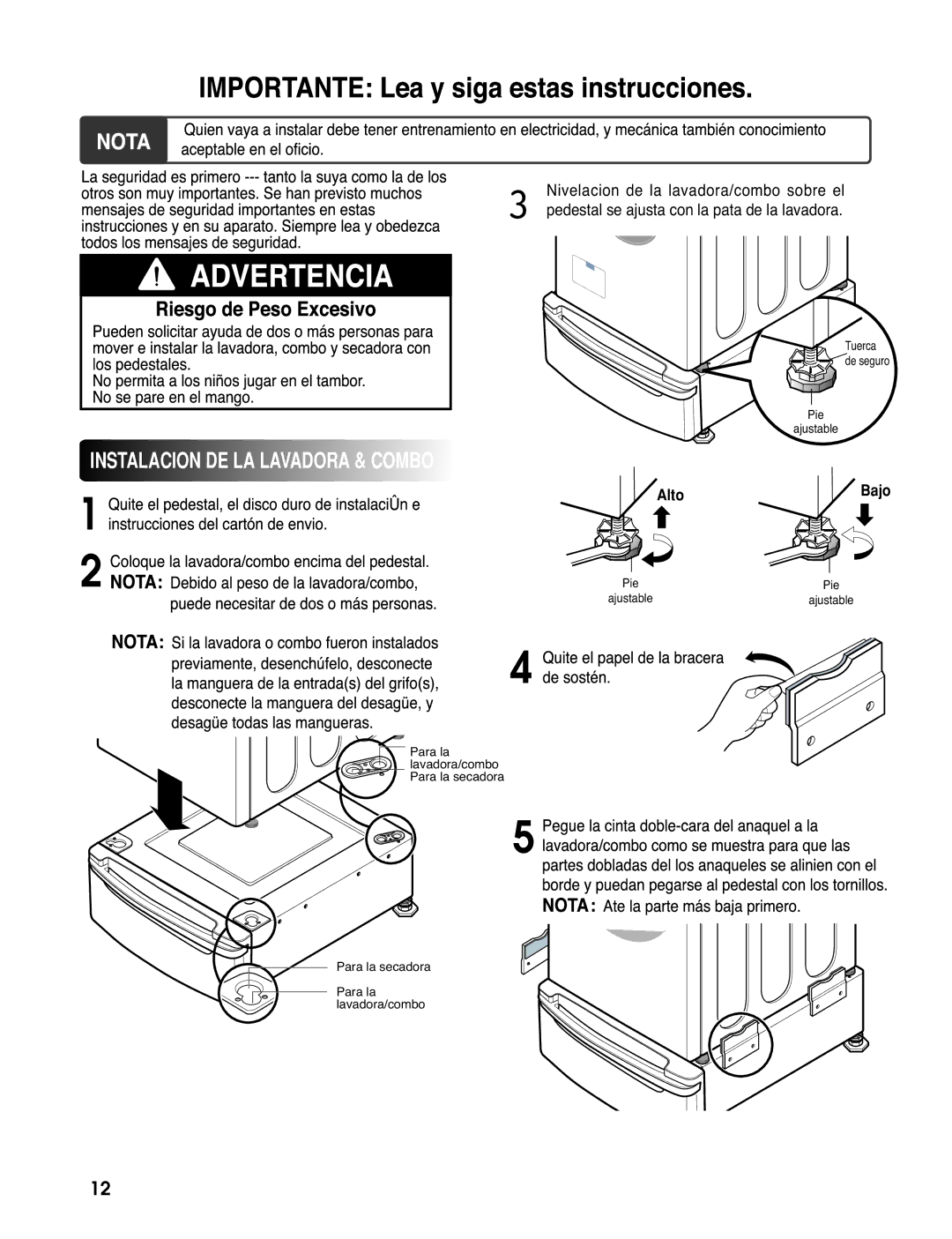 LG Electronics 3828ER3020V installation instructions Instalacion DE LA Lavadora & Combo 