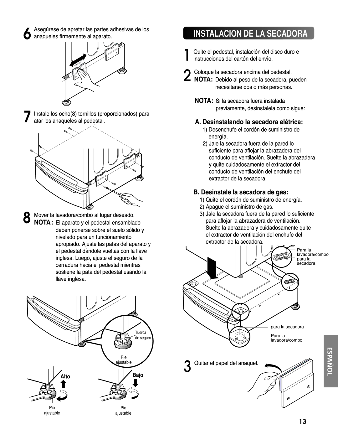 LG Electronics 3828ER3020V installation instructions Instalacion DE LA Secadora 