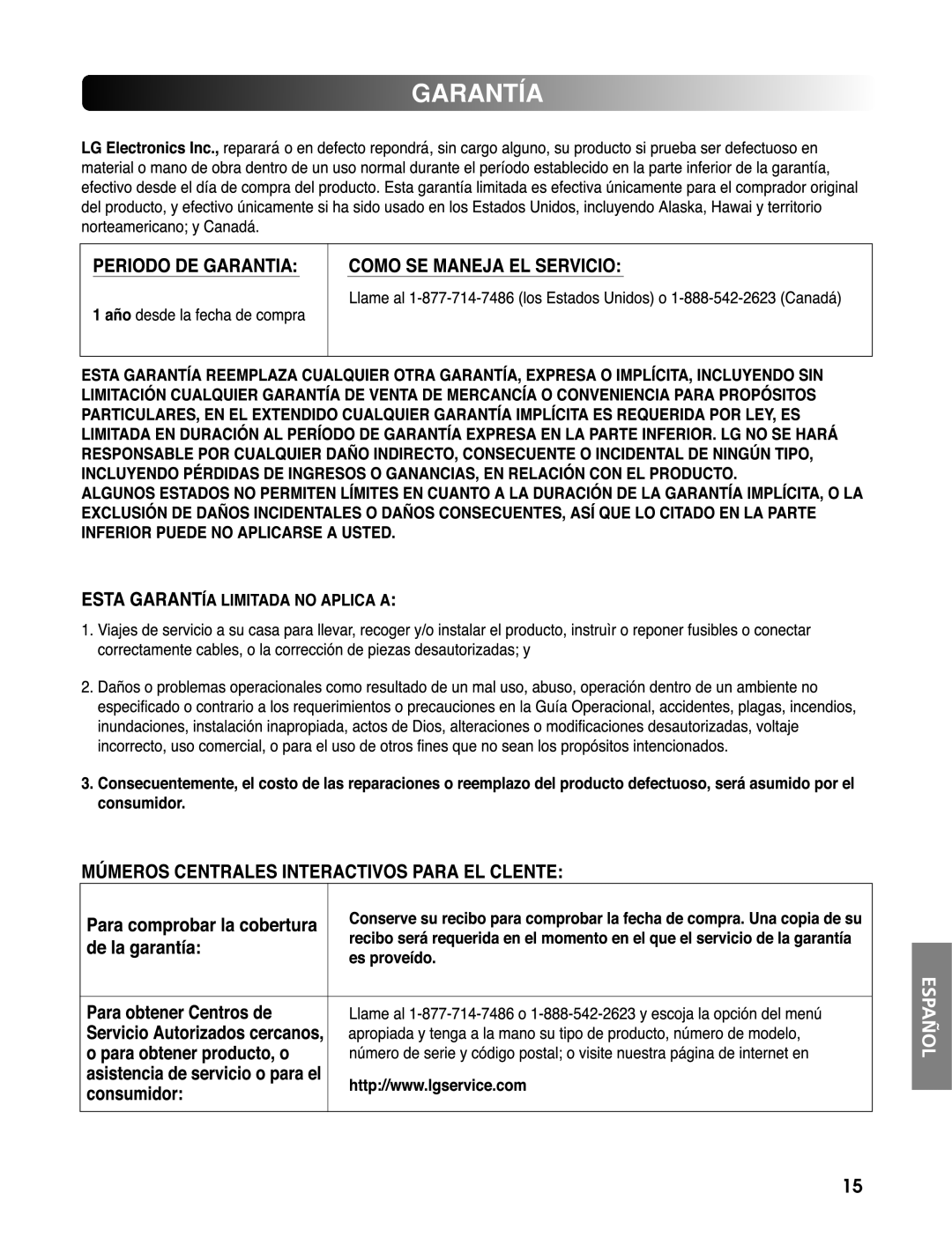 LG Electronics 3828ER3020V installation instructions Garantía 