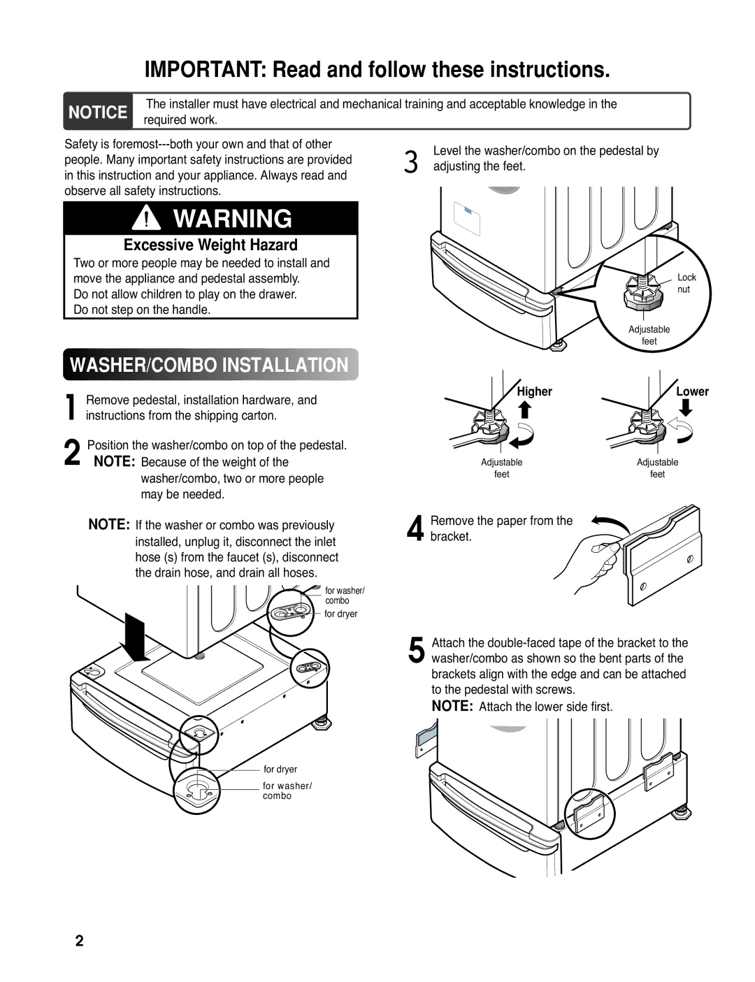 LG Electronics 3828ER3020V Important Read and follow these instructions, WASHER/COMBO Installation 