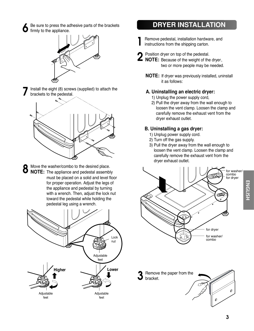 LG Electronics 3828ER3020V installation instructions Dryer Installation, Uninstalling an electric dryer 