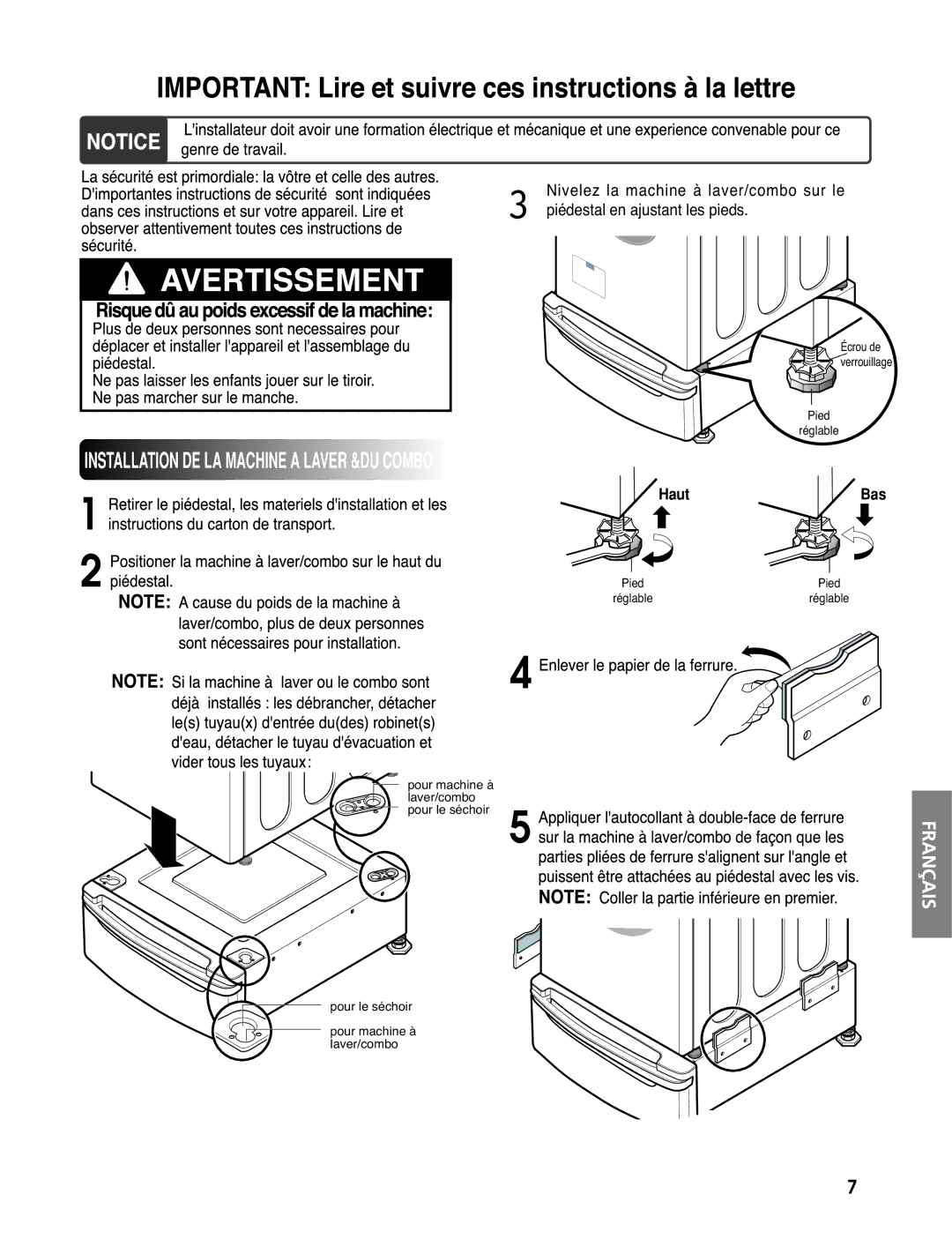 LG Electronics 3828ER3020V installation instructions Haut Bas 