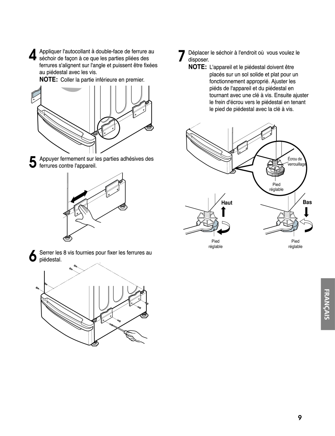 LG Electronics 3828ER3020V installation instructions Haut, Pied réglable, Écrou de verrouillage 