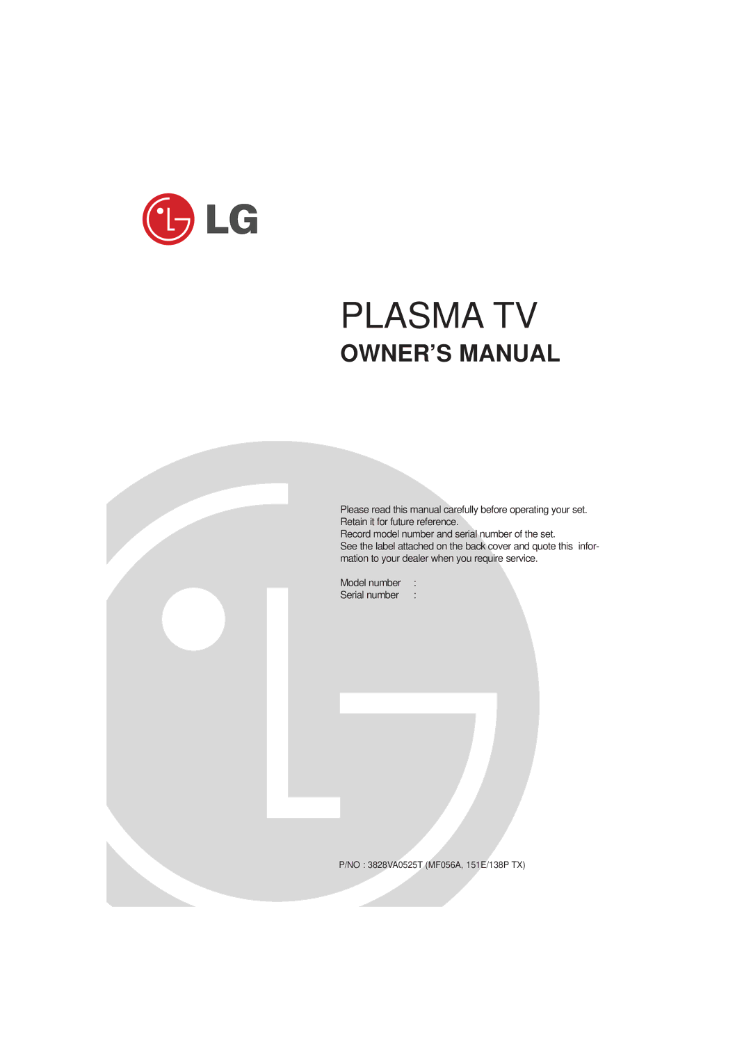 LG Electronics 3828VA0525T owner manual Plasma TV 