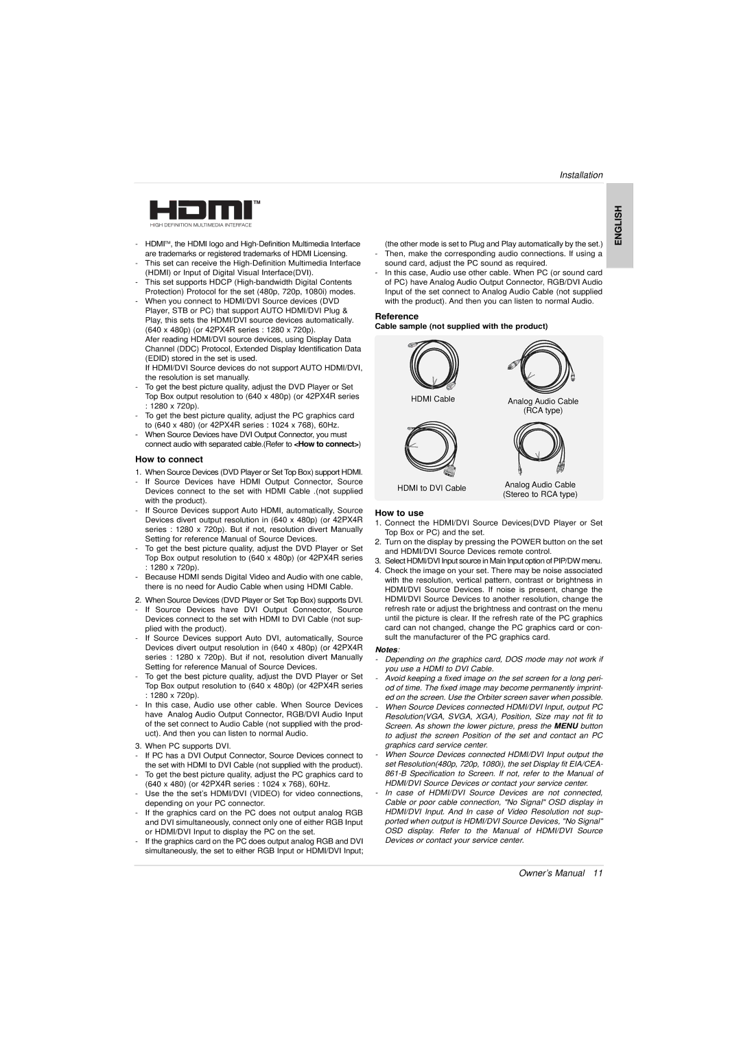 LG Electronics 3828VA0525T owner manual How to connect, Reference, How to use, Cable sample not supplied with the product 