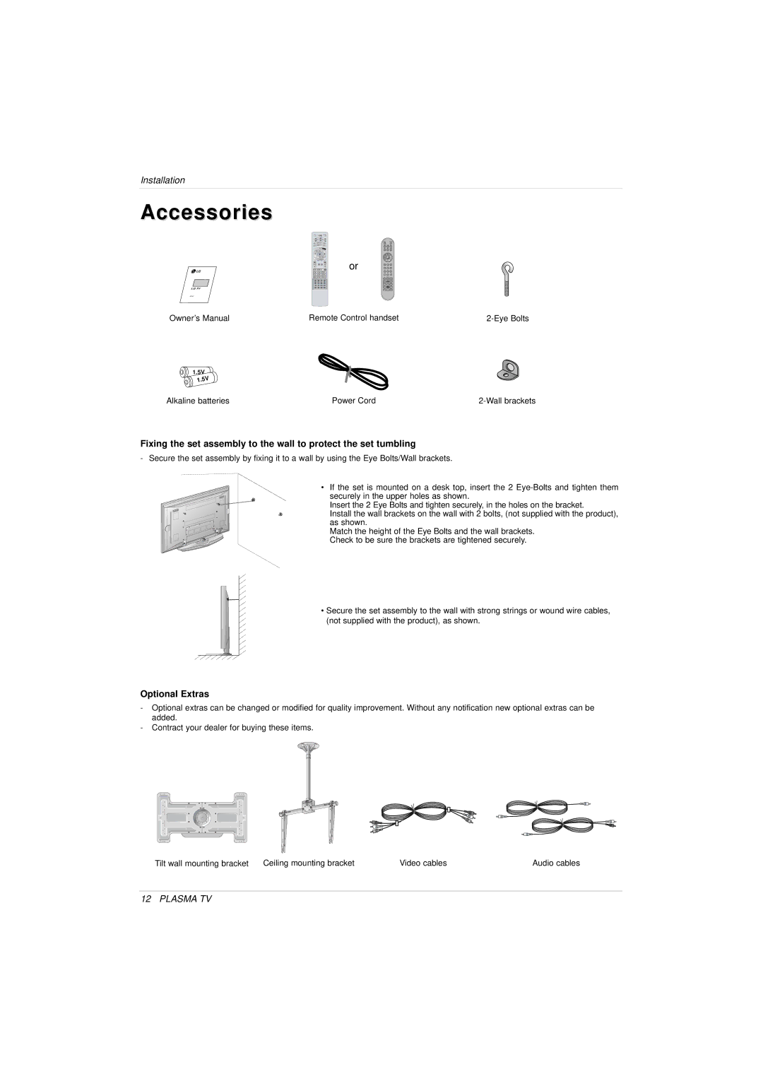 LG Electronics 3828VA0525T owner manual Accessories, Optional Extras 