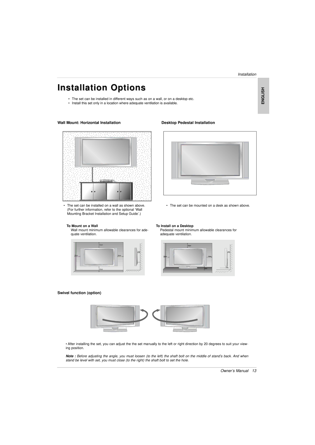 LG Electronics 3828VA0525T Installation Options, Swivel function option, To Mount on a Wall, To Install on a Desktop 