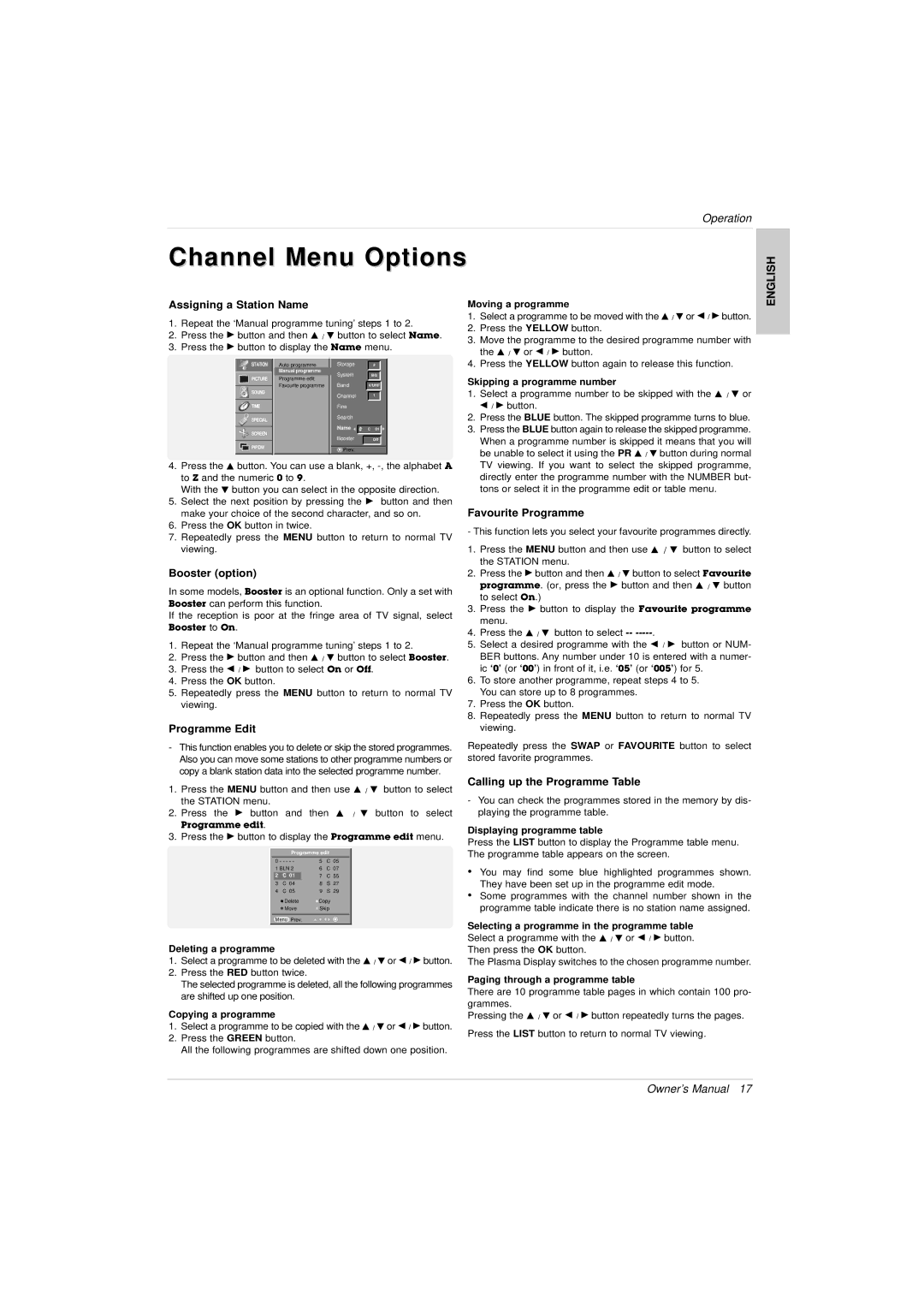 LG Electronics 3828VA0525T owner manual Assigning a Station Name, Booster option, Programme Edit, Favourite Programme 