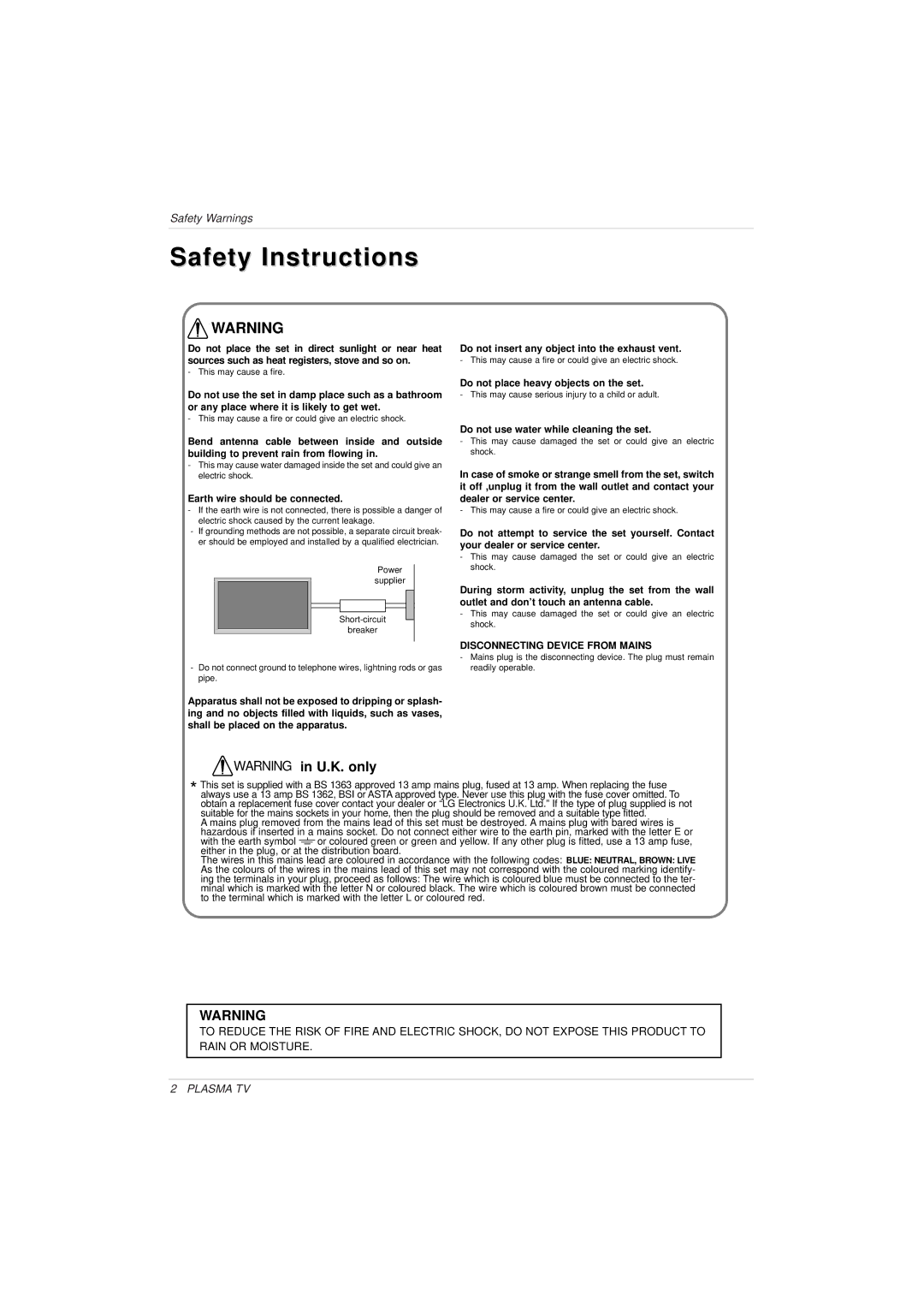 LG Electronics 3828VA0525T Safety Instructions, Earth wire should be connected, Do not place heavy objects on the set 