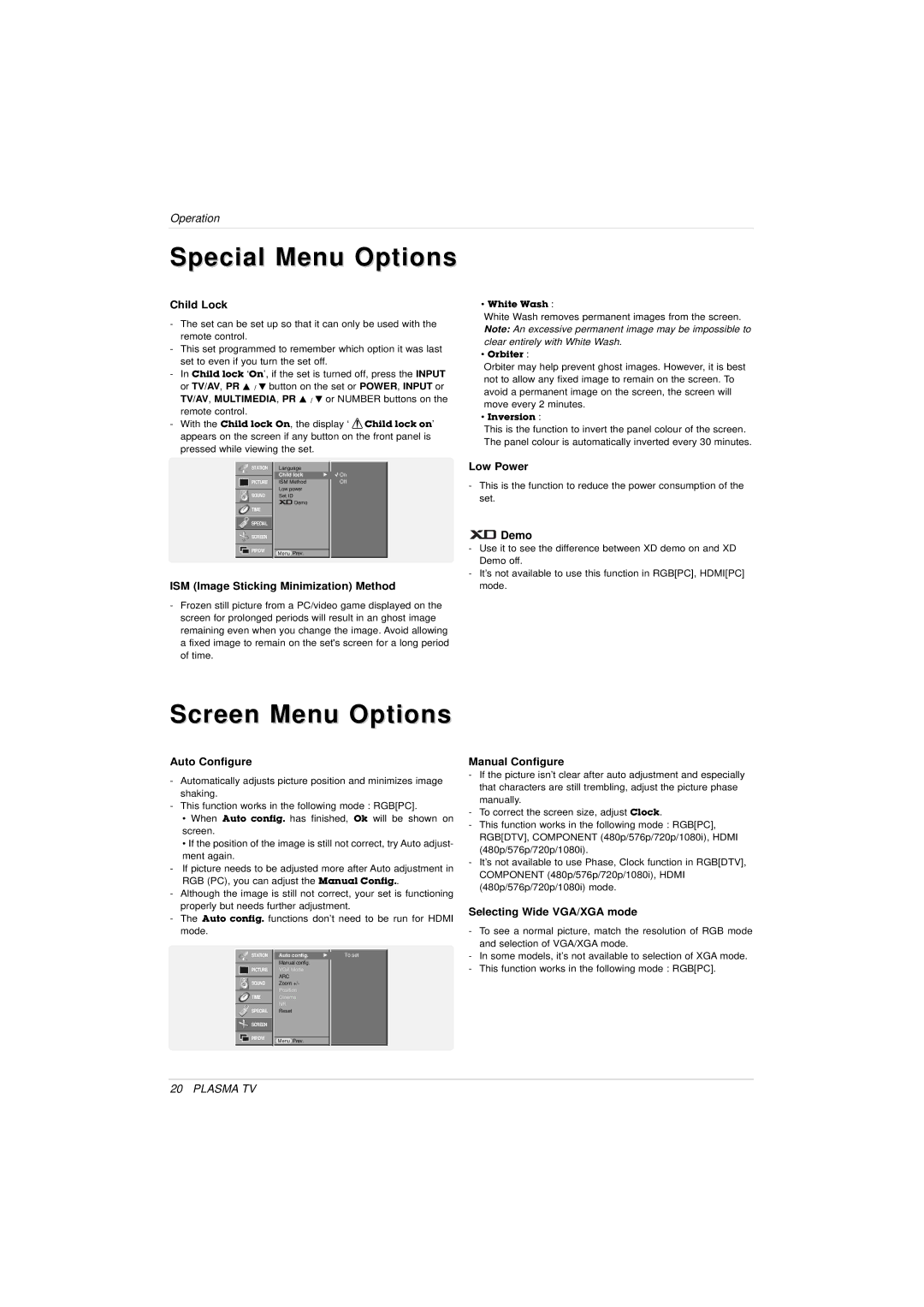 LG Electronics 3828VA0525T owner manual Special Menu Options, Screen Menu Options, Demo 