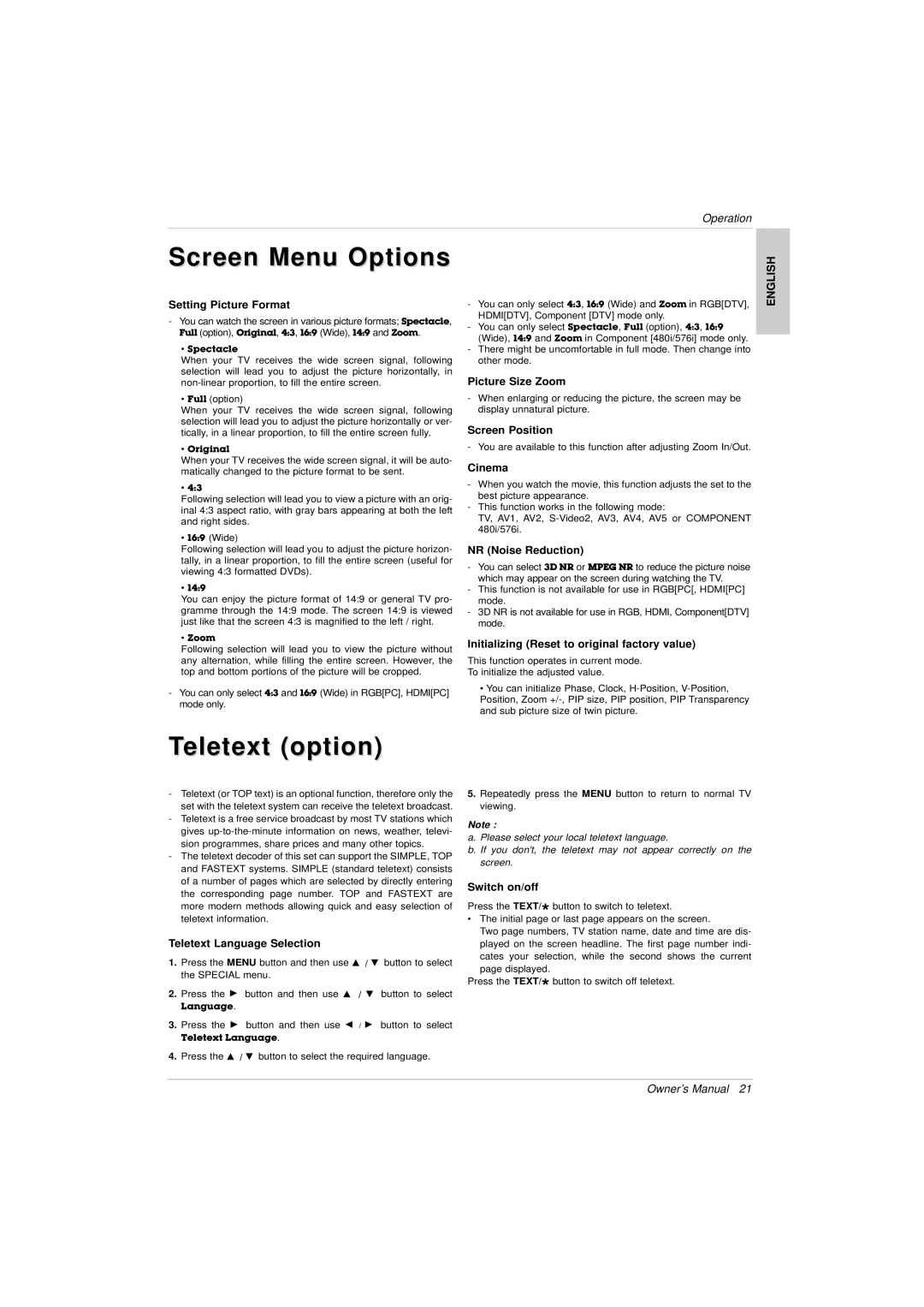 LG Electronics 3828VA0525T owner manual Teletext option 