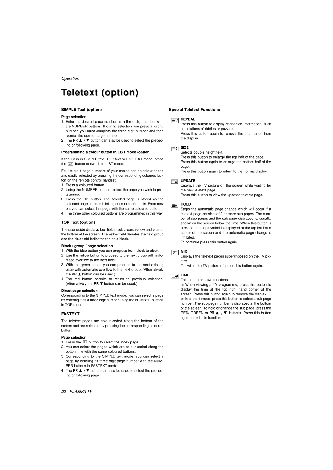 LG Electronics 3828VA0525T owner manual Simple Text option, TOP Text option, Special Teletext Functions 