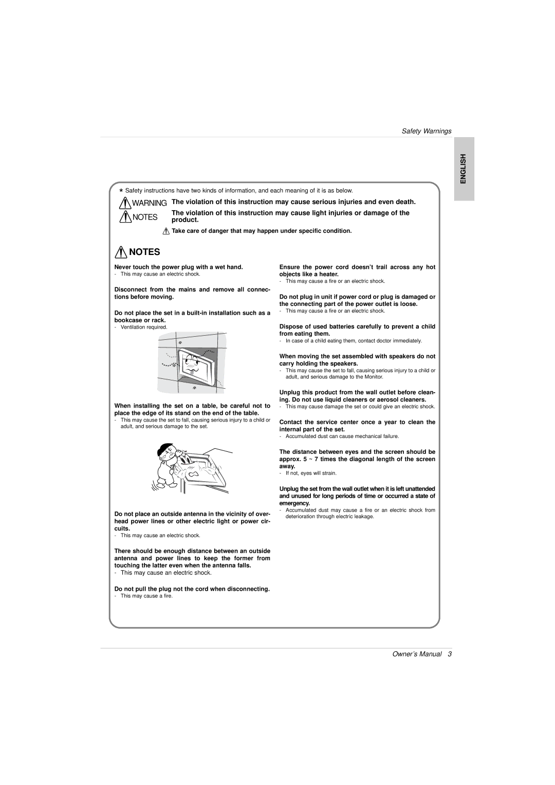 LG Electronics 3828VA0525T owner manual English, Do not pull the plug not the cord when disconnecting 