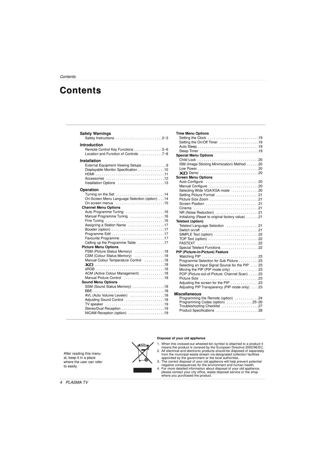 LG Electronics 3828VA0525T owner manual Contents 