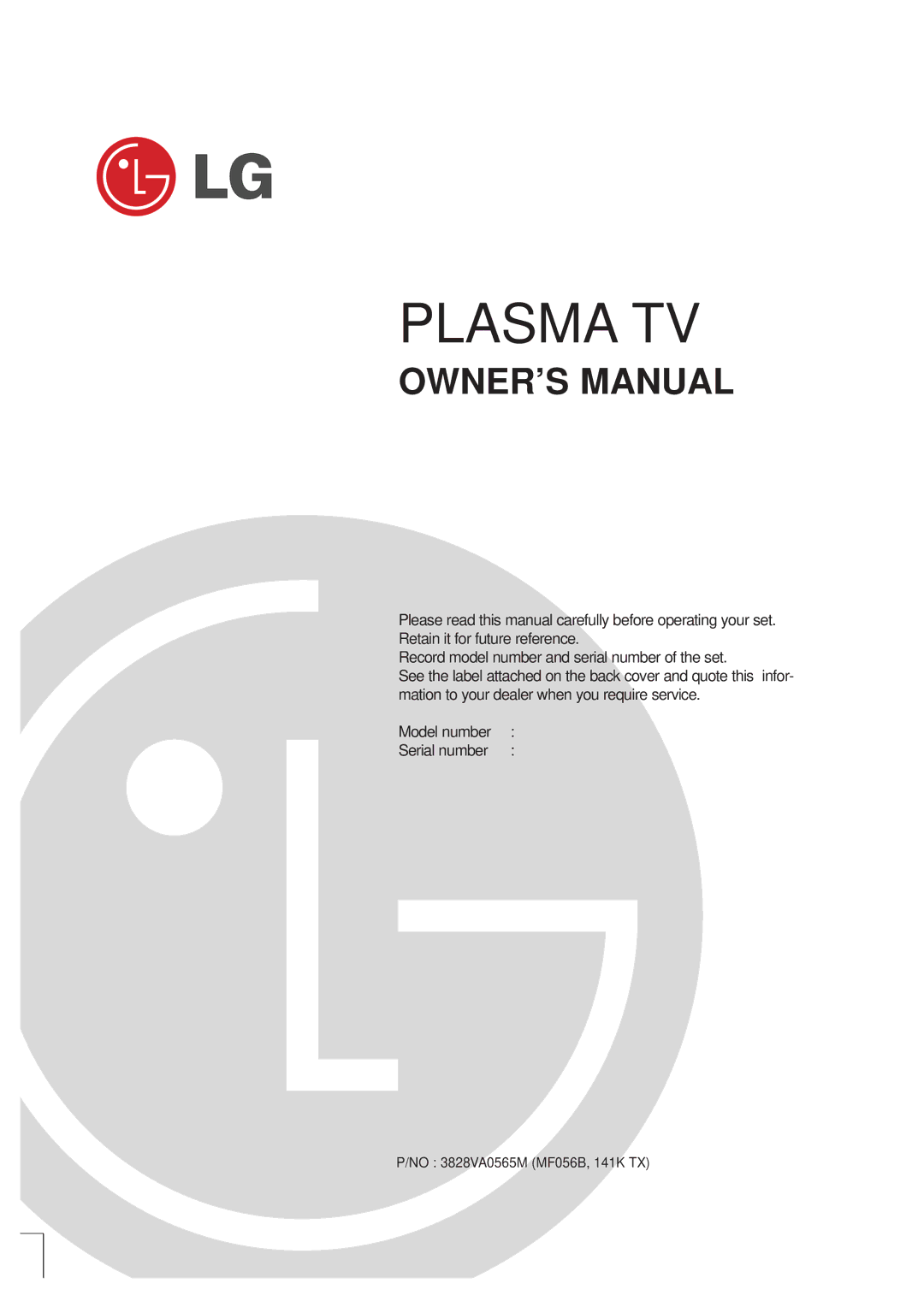 LG Electronics 141K TX), 3828VA0565M, MF056B owner manual Plasma TV 