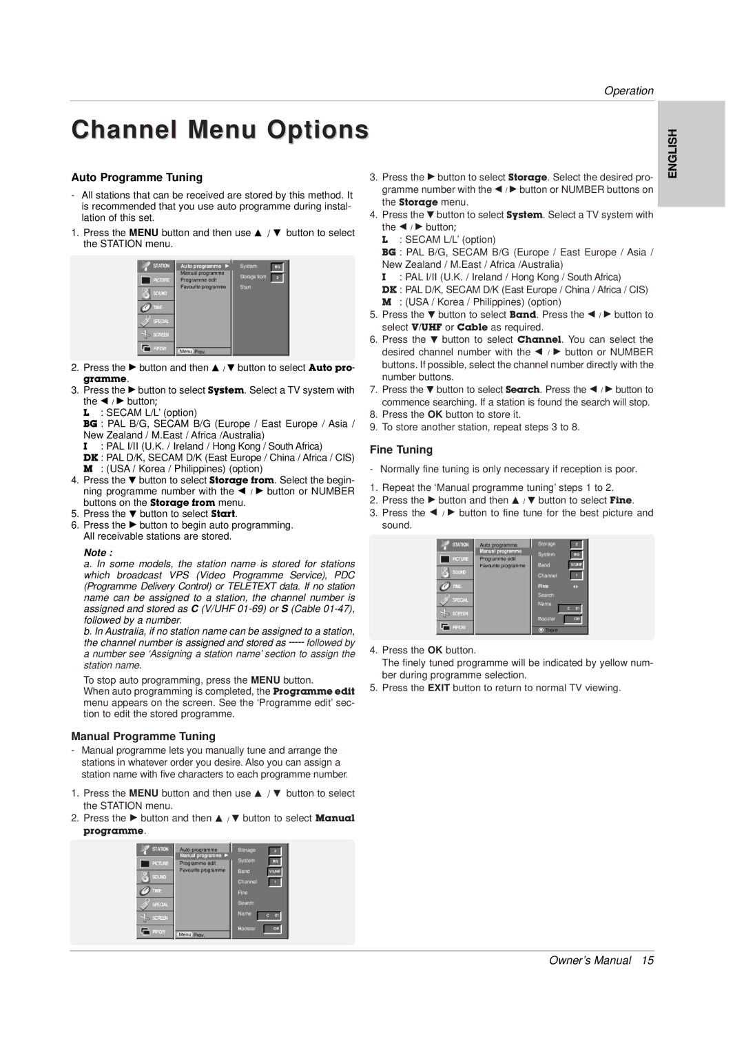 LG Electronics 141K TX) owner manual Channel Menu Options, Auto Programme Tuning, Fine Tuning, Manual Programme Tuning 