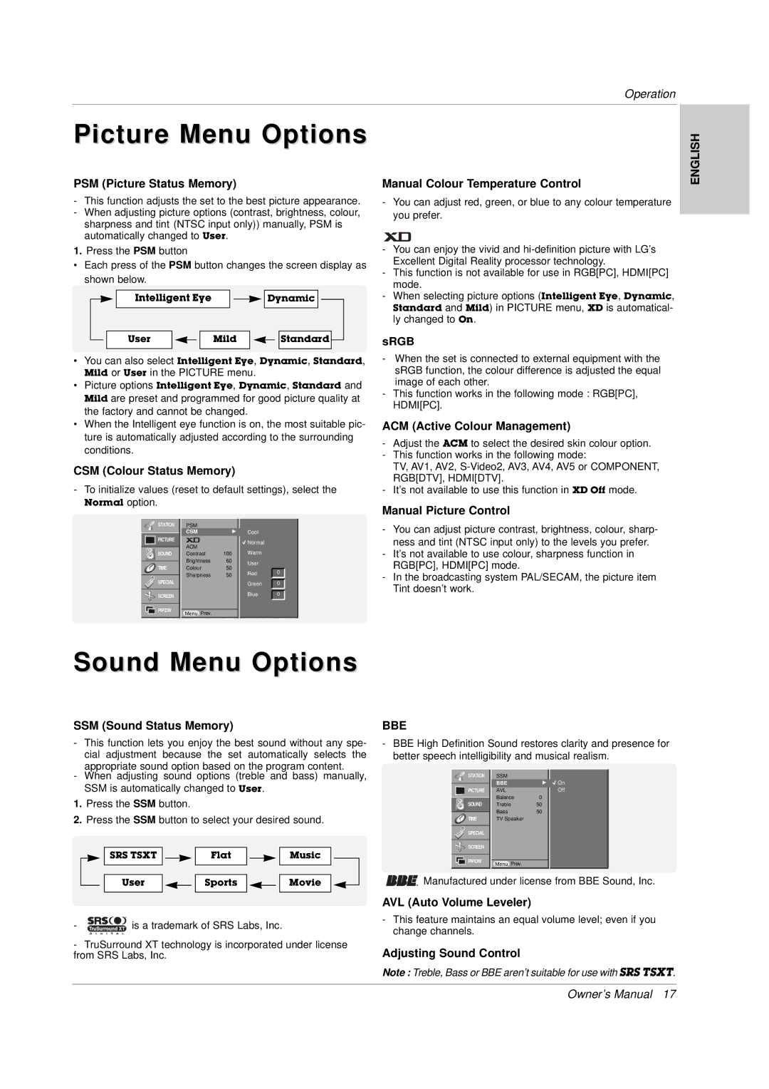 LG Electronics 141K TX), 3828VA0565M, MF056B owner manual Picture Menu Options, Sound Menu Options 