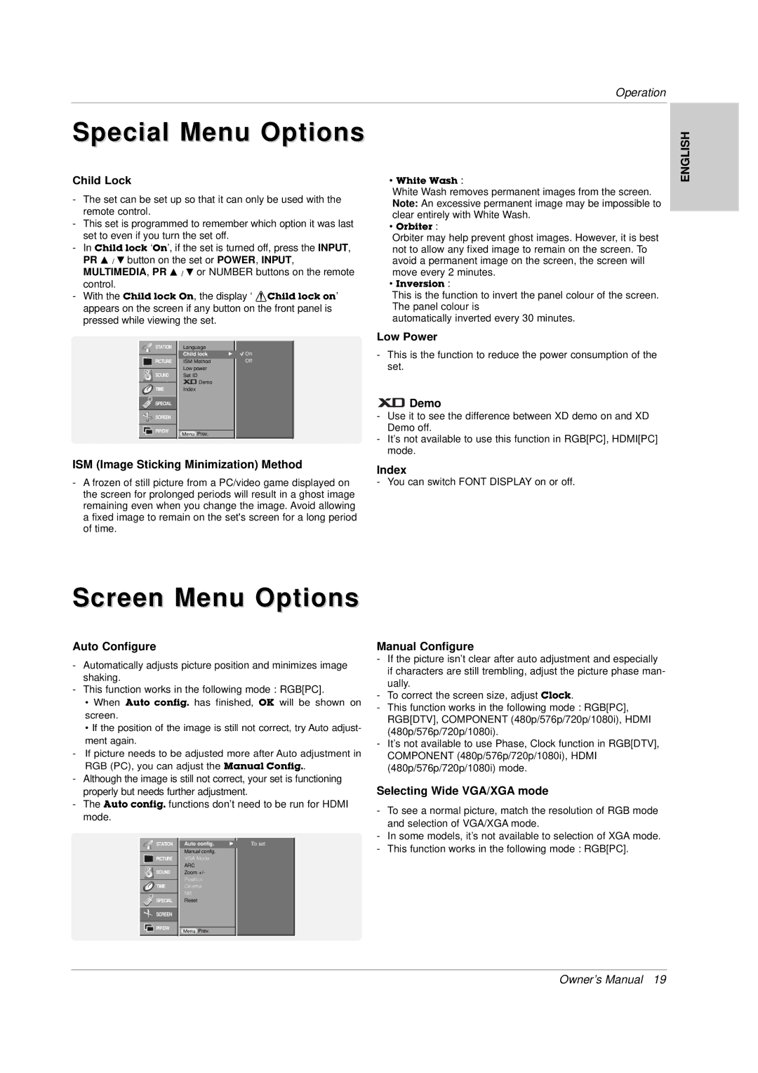 LG Electronics 141K TX), 3828VA0565M, MF056B owner manual Special Menu Options, Screen Menu Options 