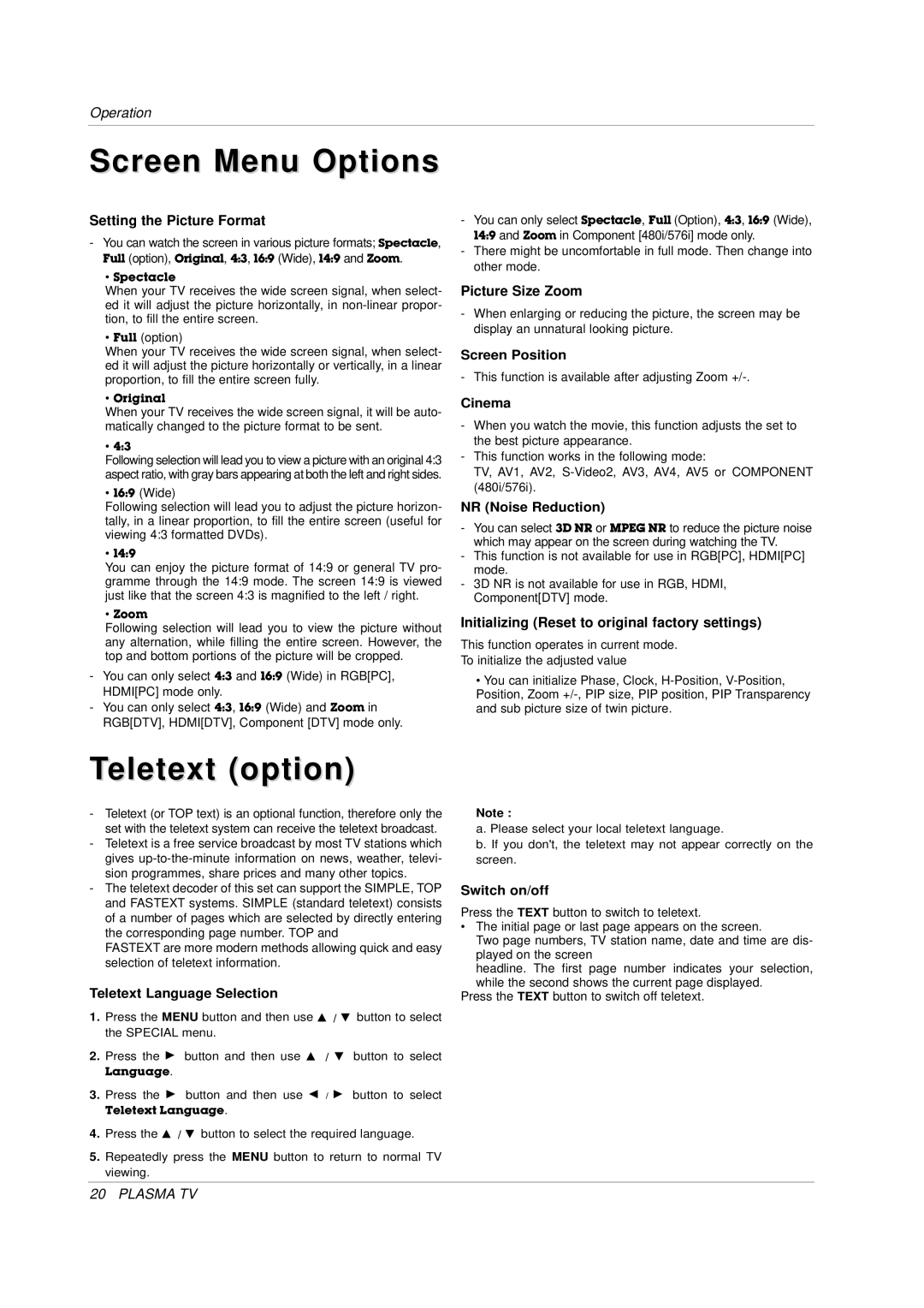 LG Electronics 3828VA0565M, MF056B, 141K TX) owner manual Teletext option, Setting the Picture Format, Picture Size Zoom 