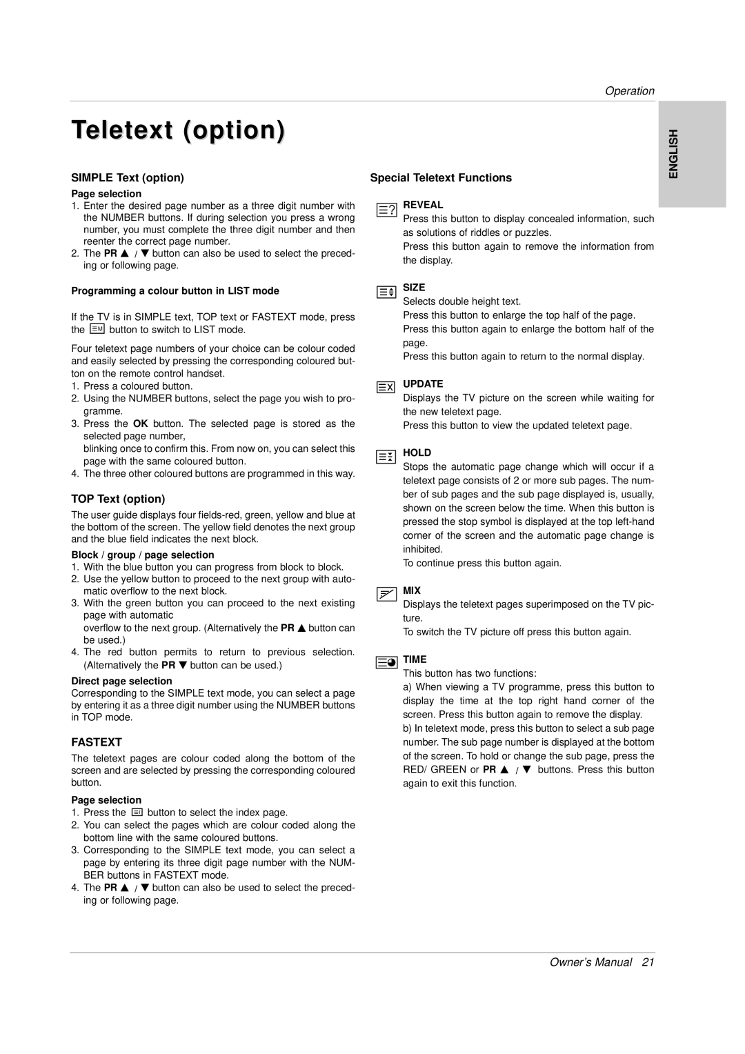 LG Electronics 141K TX), 3828VA0565M, MF056B owner manual Simple Text option, TOP Text option, Special Teletext Functions 