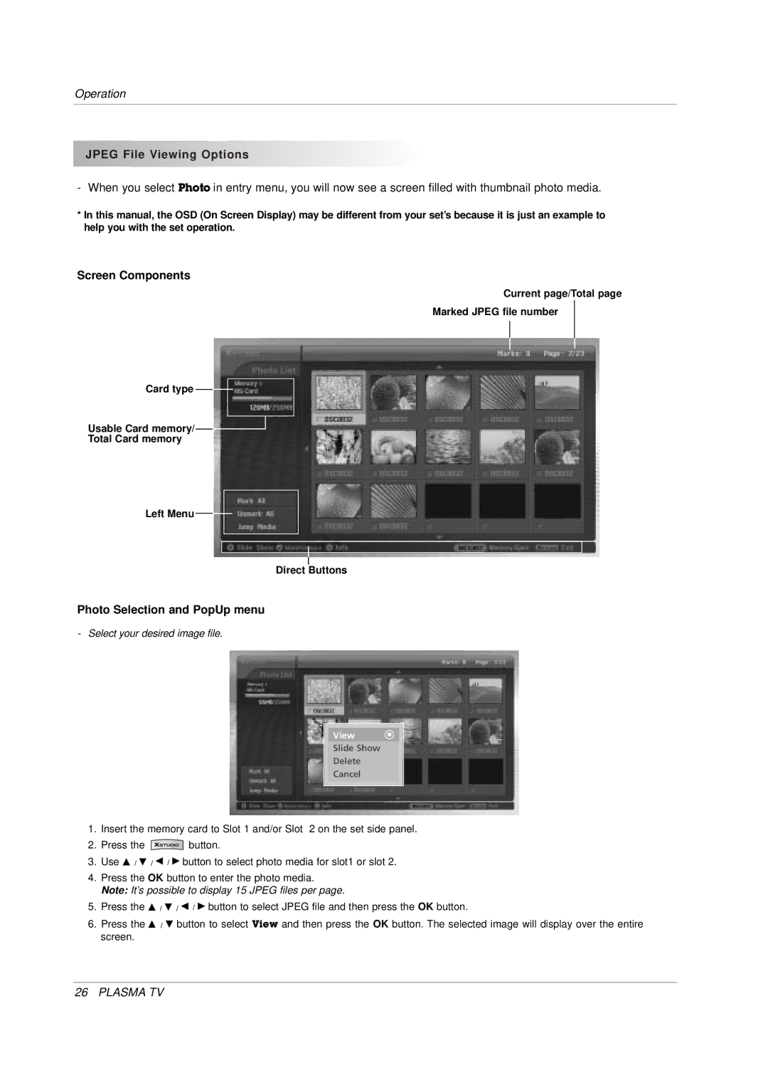 LG Electronics 3828VA0565M, MF056B, 141K TX) Jpeg File Viewing Options, Screen Components, Photo Selection and PopUp menu 