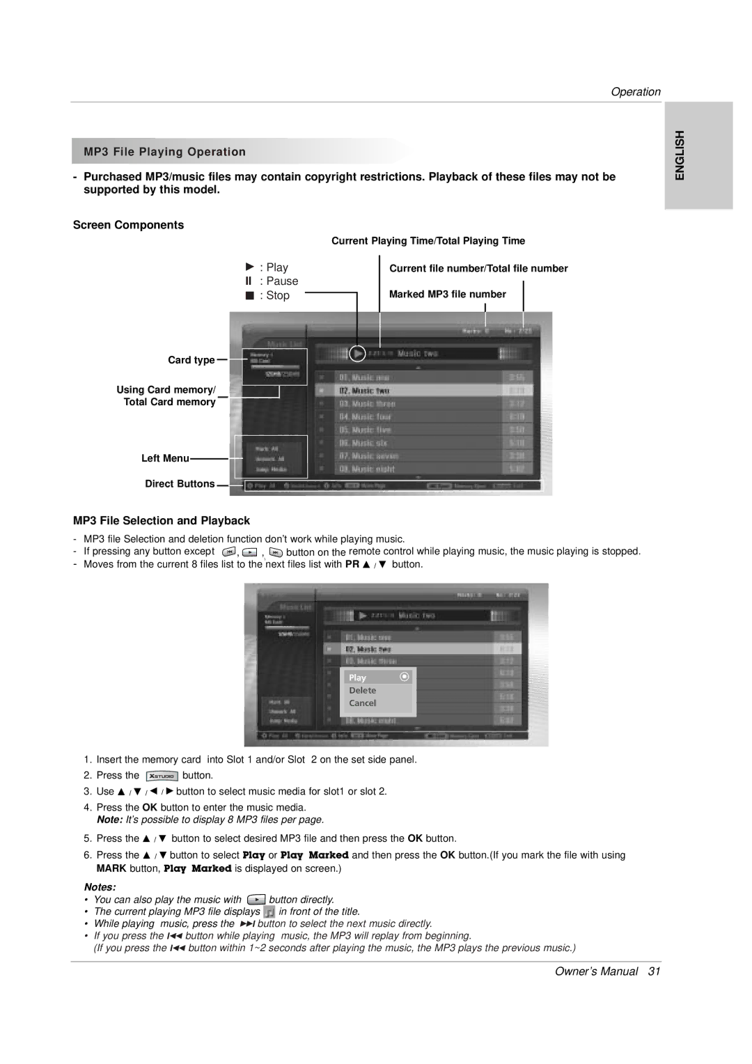 LG Electronics 141K TX), 3828VA0565M, MF056B MP3 File Selection and Playback, Current Playing Time/Total Playing Time 