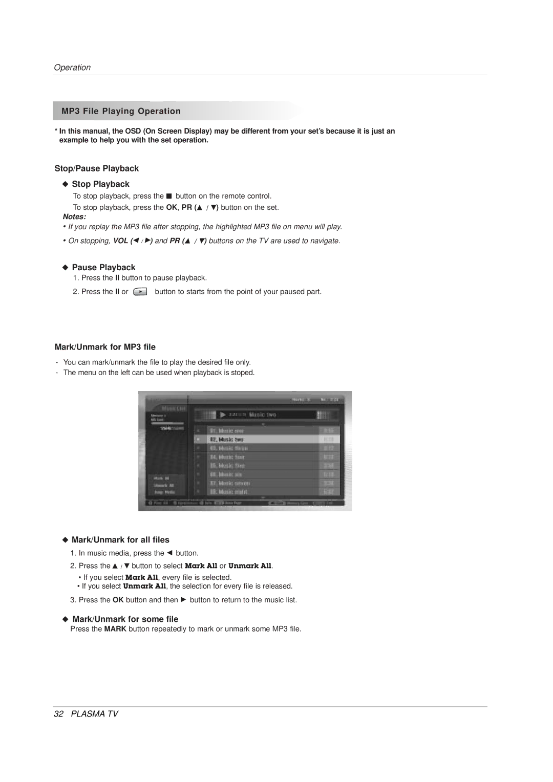 LG Electronics 3828VA0565M, MF056B MP3 File Playing Operation, Stop/Pause Playback Stop Playback, Mark/Unmark for MP3 file 