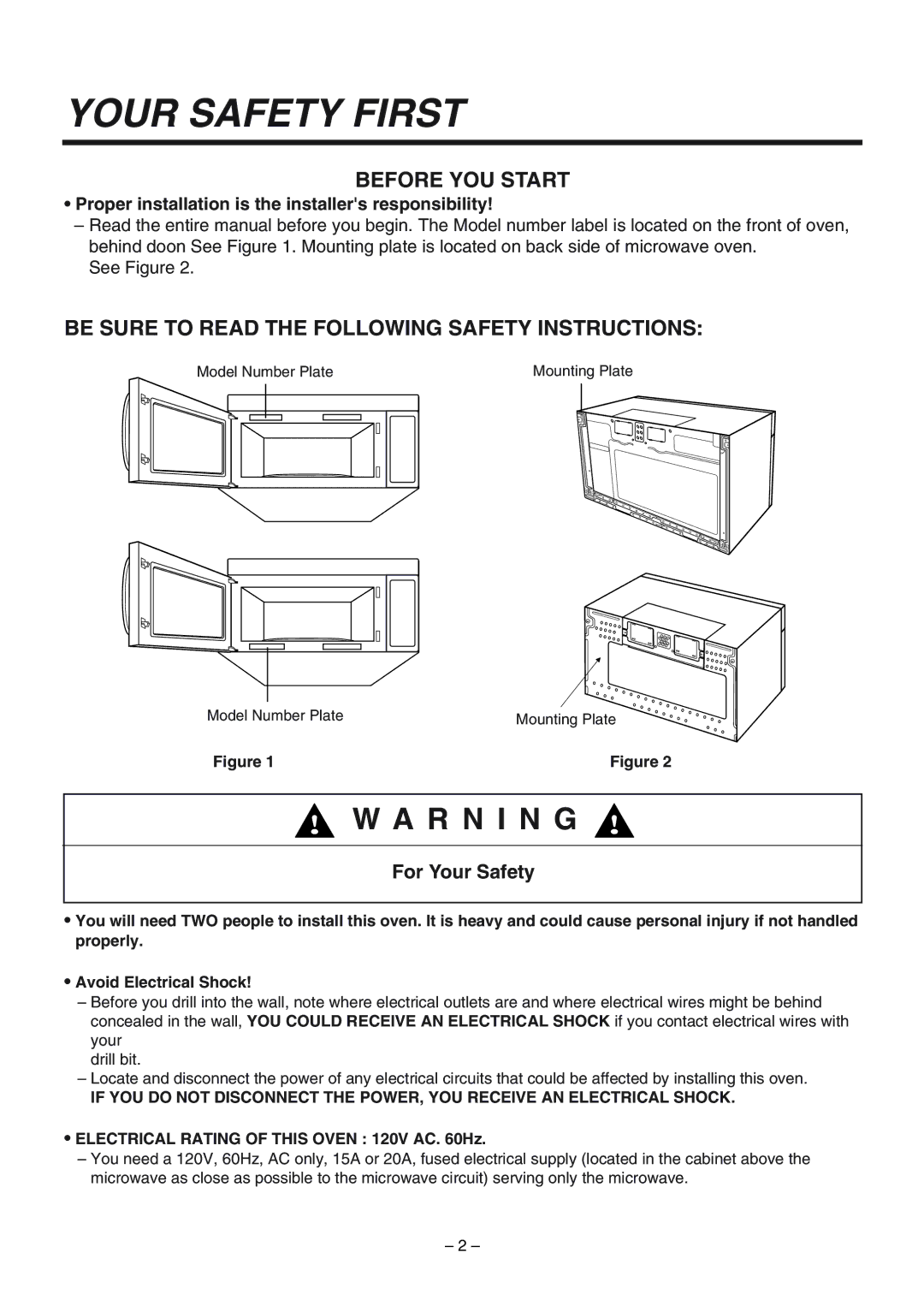 LG Electronics 3828W5U0492 installation instructions Your Safety First, Electrical Rating of this Oven 120V AC Hz 