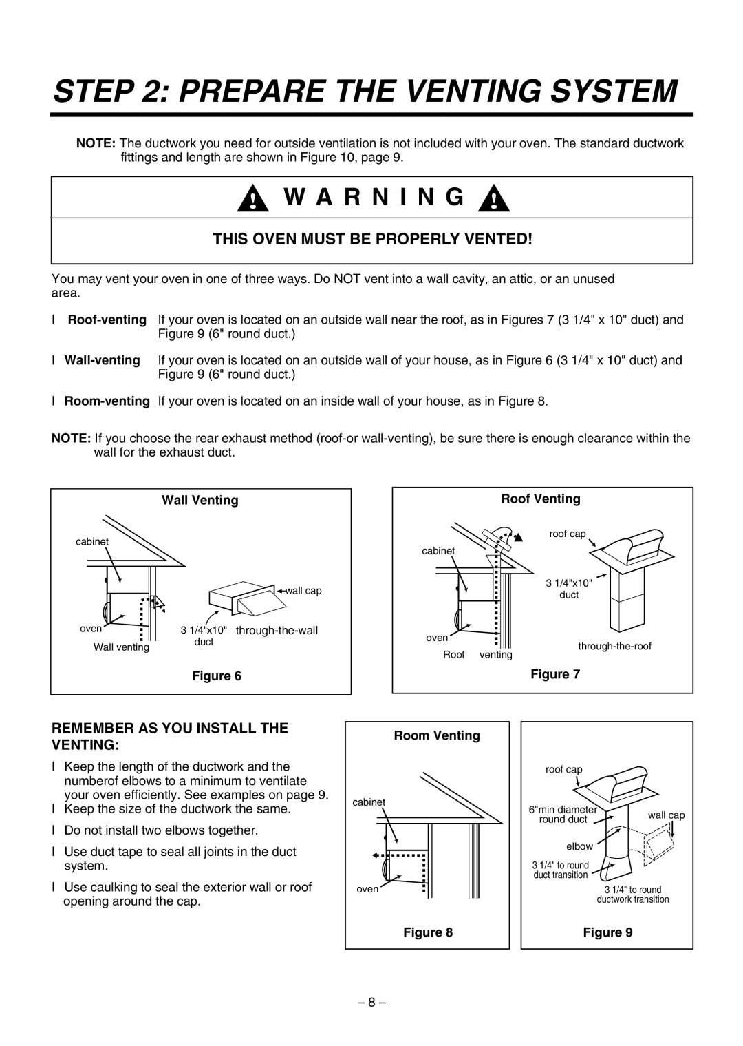 LG Electronics 3828W5U0492 installation instructions Prepare the Venting System, Wall Venting Roof Venting, Room Venting 