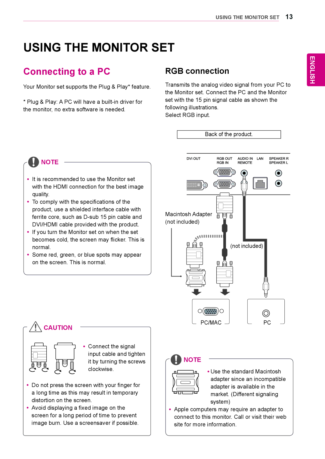 LG Electronics 38WR50MS owner manual Using the Monitor SET, Connecting to a PC, RGB connection 