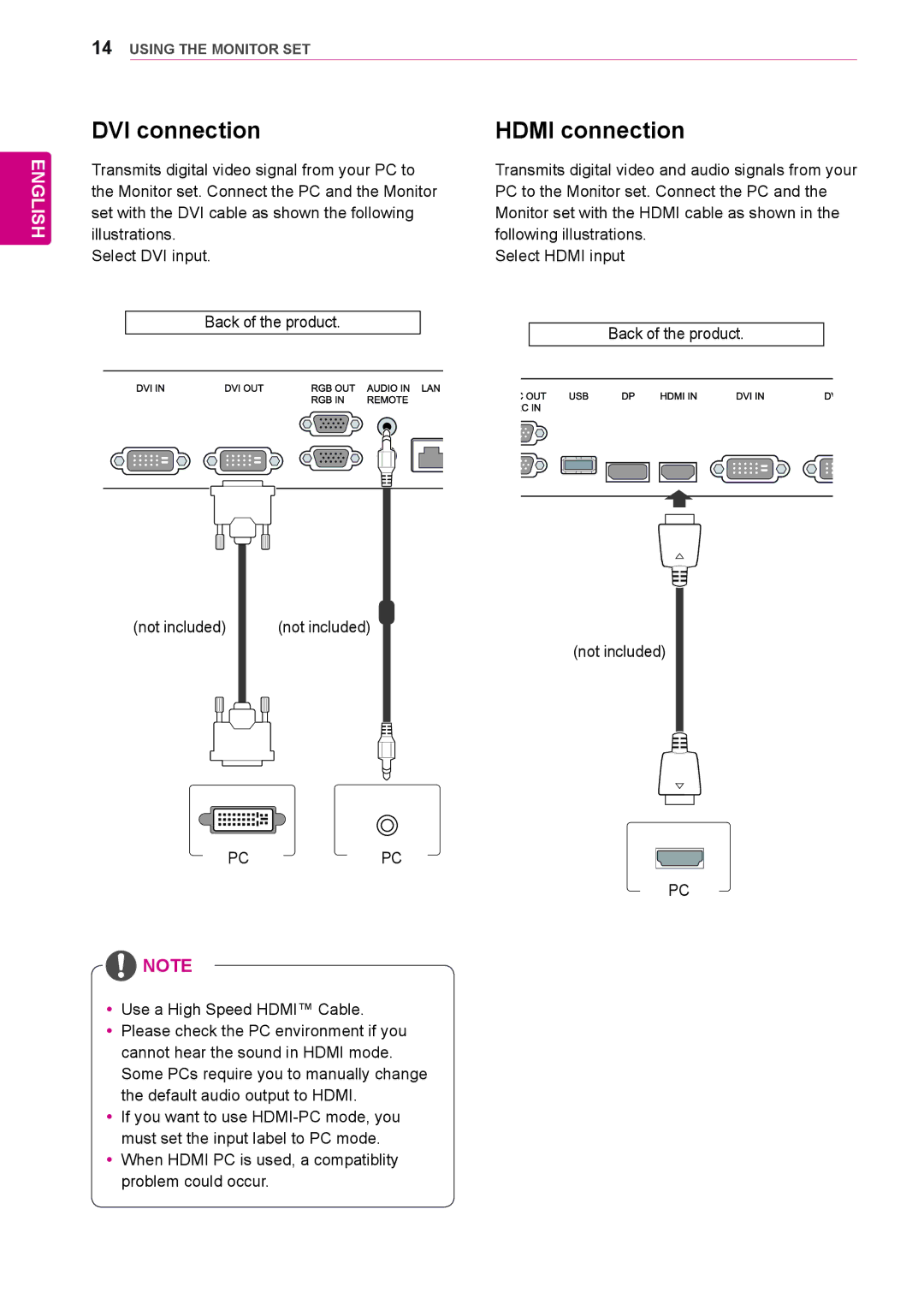 LG Electronics 38WR50MS owner manual DVI connection, Hdmi connection 