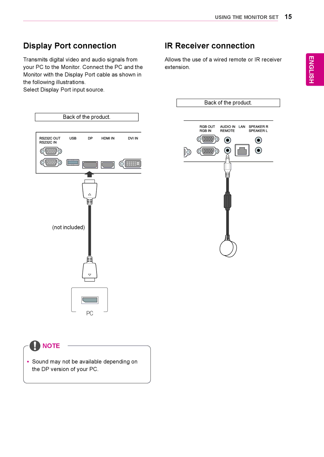 LG Electronics 38WR50MS owner manual Display Port connection, IR Receiver connection 