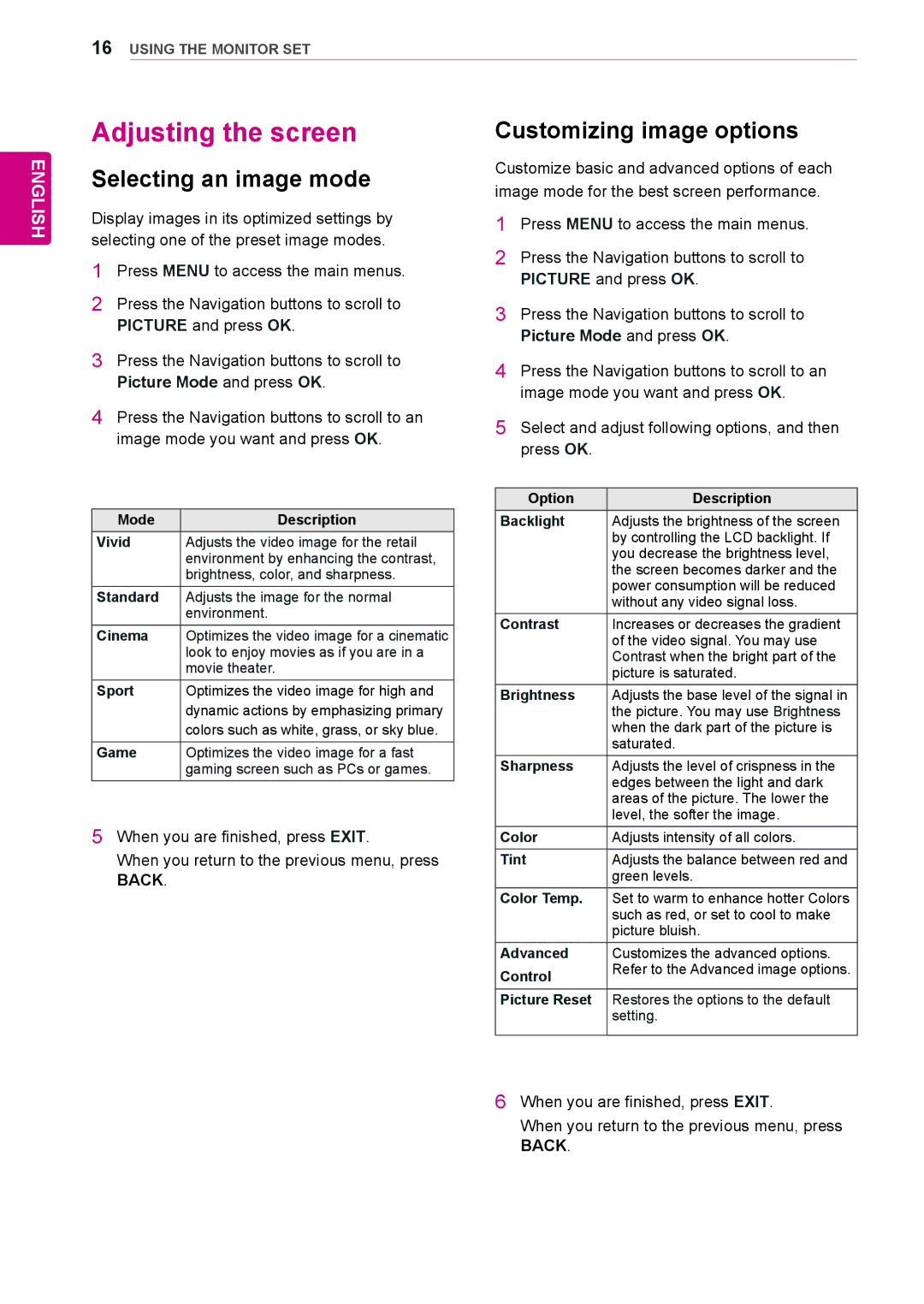 LG Electronics 38WR50MS owner manual Adjusting the screen, Selecting an image mode, Customizing image options 