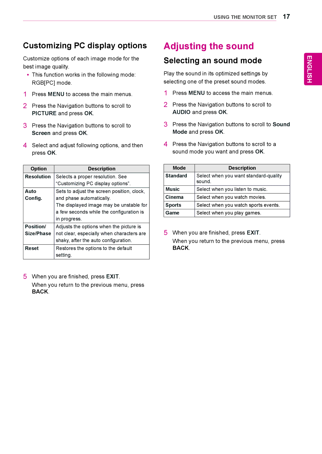 LG Electronics 38WR50MS owner manual Adjusting the sound, Customizing PC display options, Selecting an sound mode 