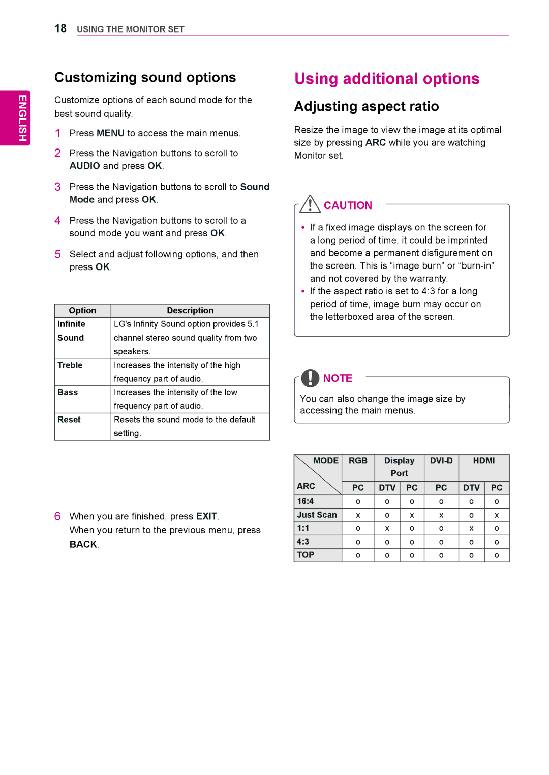 LG Electronics 38WR50MS owner manual Using additional options, Customizing sound options, Adjusting aspect ratio 